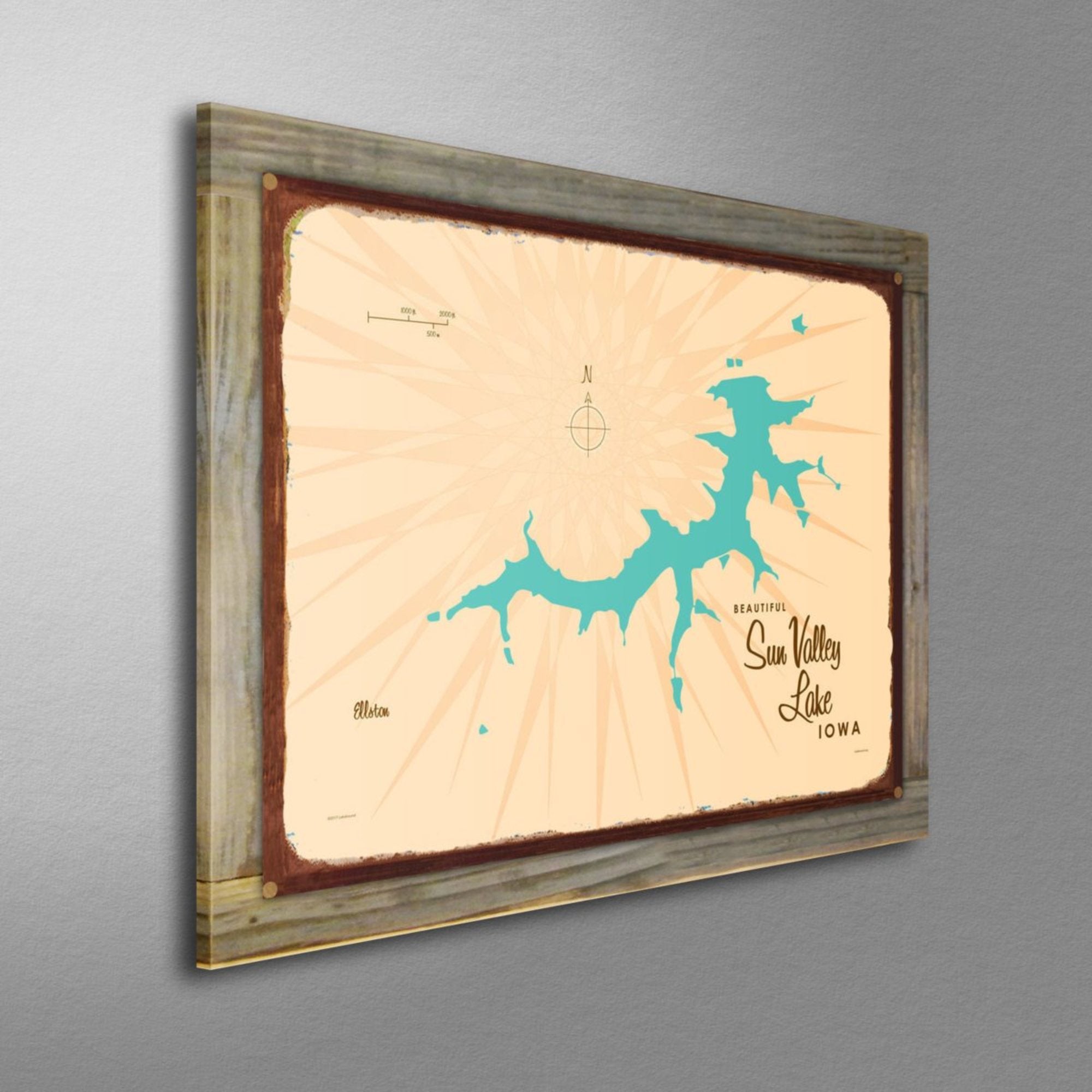 Sun Valley Lake Iowa, Wood-Mounted Rustic Metal Sign Map Art