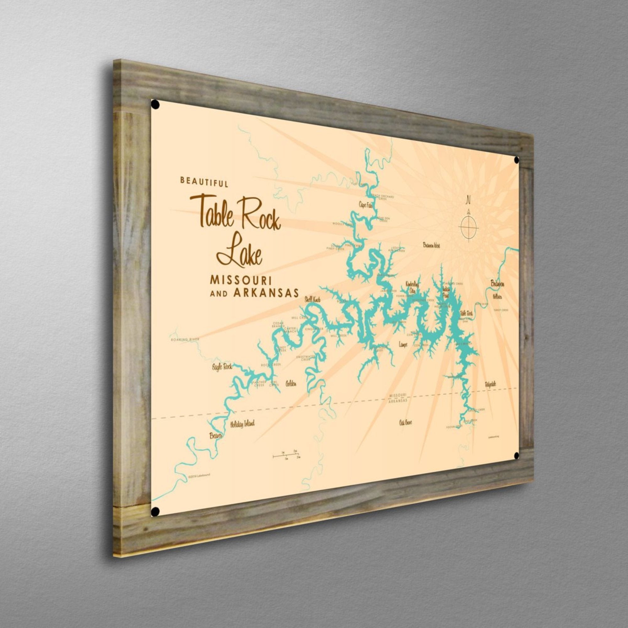 Table Rock Lake Missouri, Wood-Mounted Metal Sign Map Art