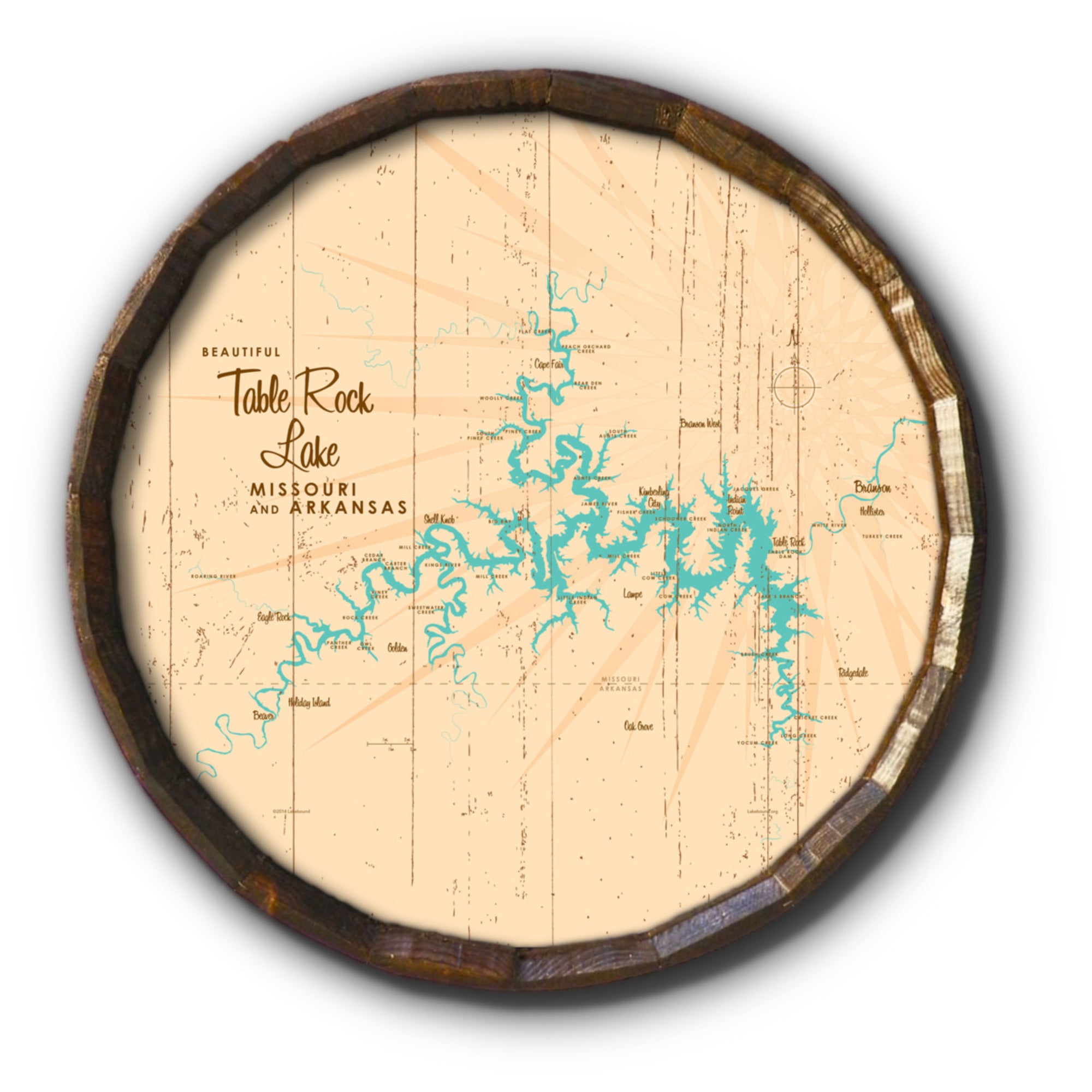 Table Rock Lake Missouri, Rustic Barrel End Map Art