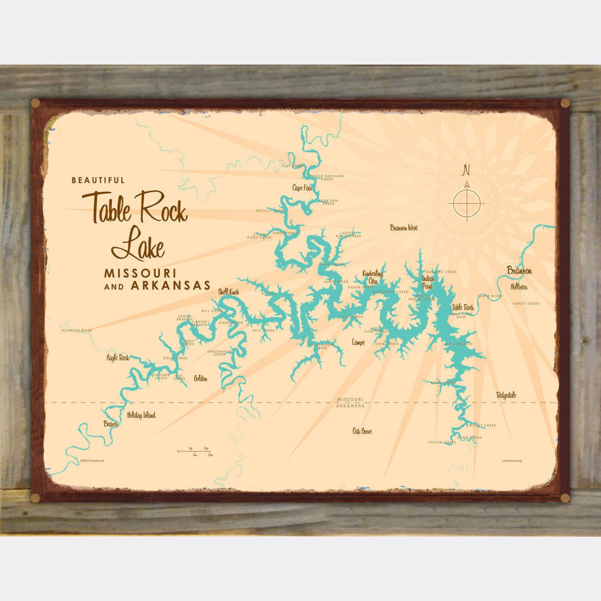 Table Rock Lake Missouri, Wood-Mounted Rustic Metal Sign Map Art