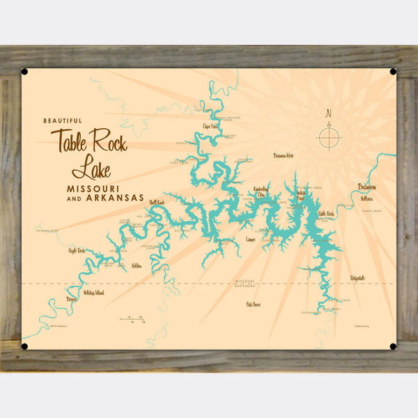Table Rock Lake Missouri, Wood-Mounted Metal Sign Map Art