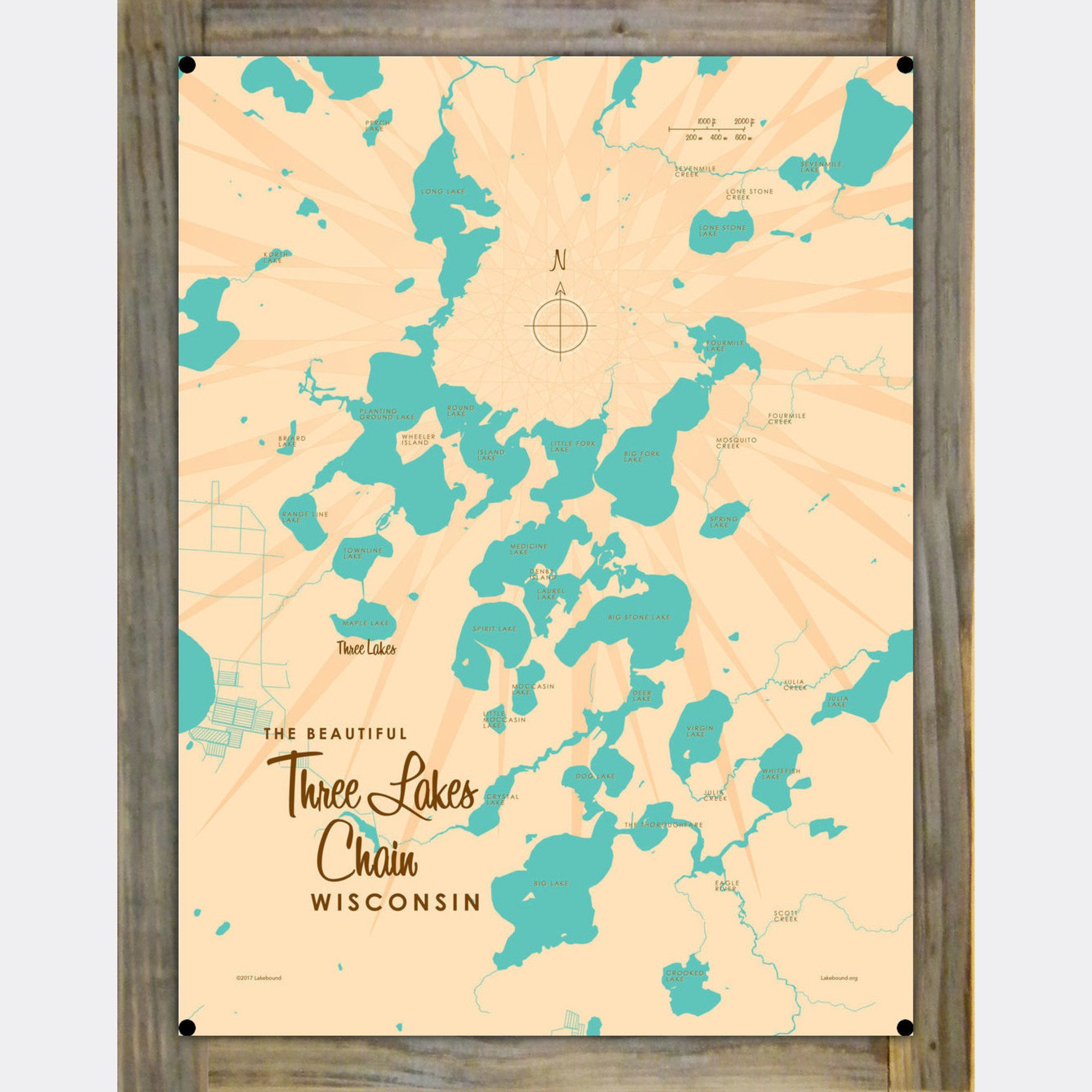 Three Lakes Chain Wisconsin, Wood-Mounted Metal Sign Map Art