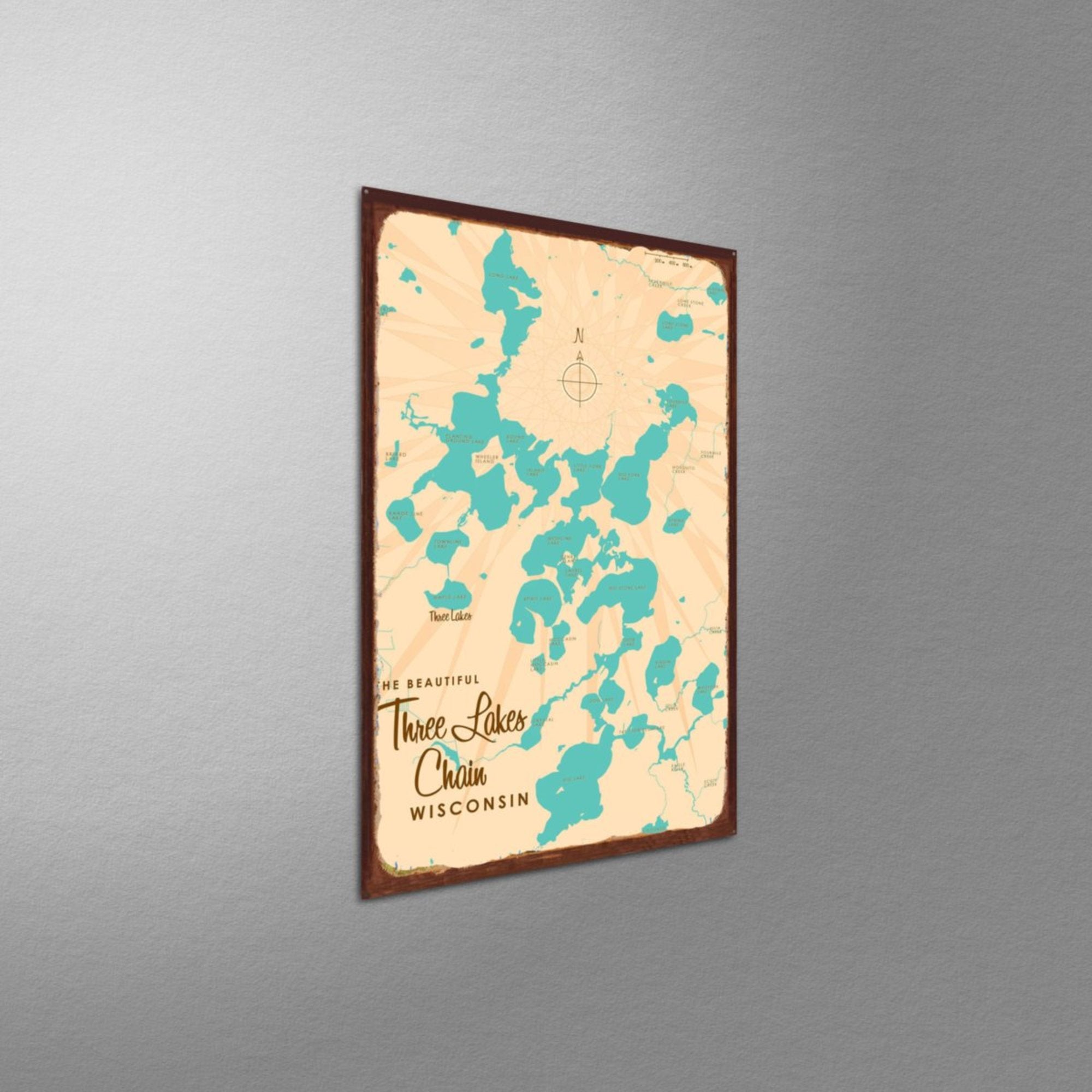 Three Lakes Chain Wisconsin, Rustic Metal Sign Map Art
