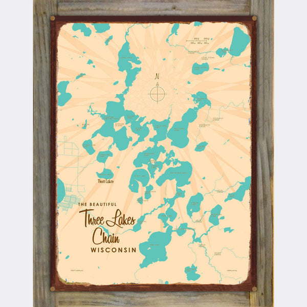 Three Lakes Chain Wisconsin, Wood-Mounted Rustic Metal Sign Map Art