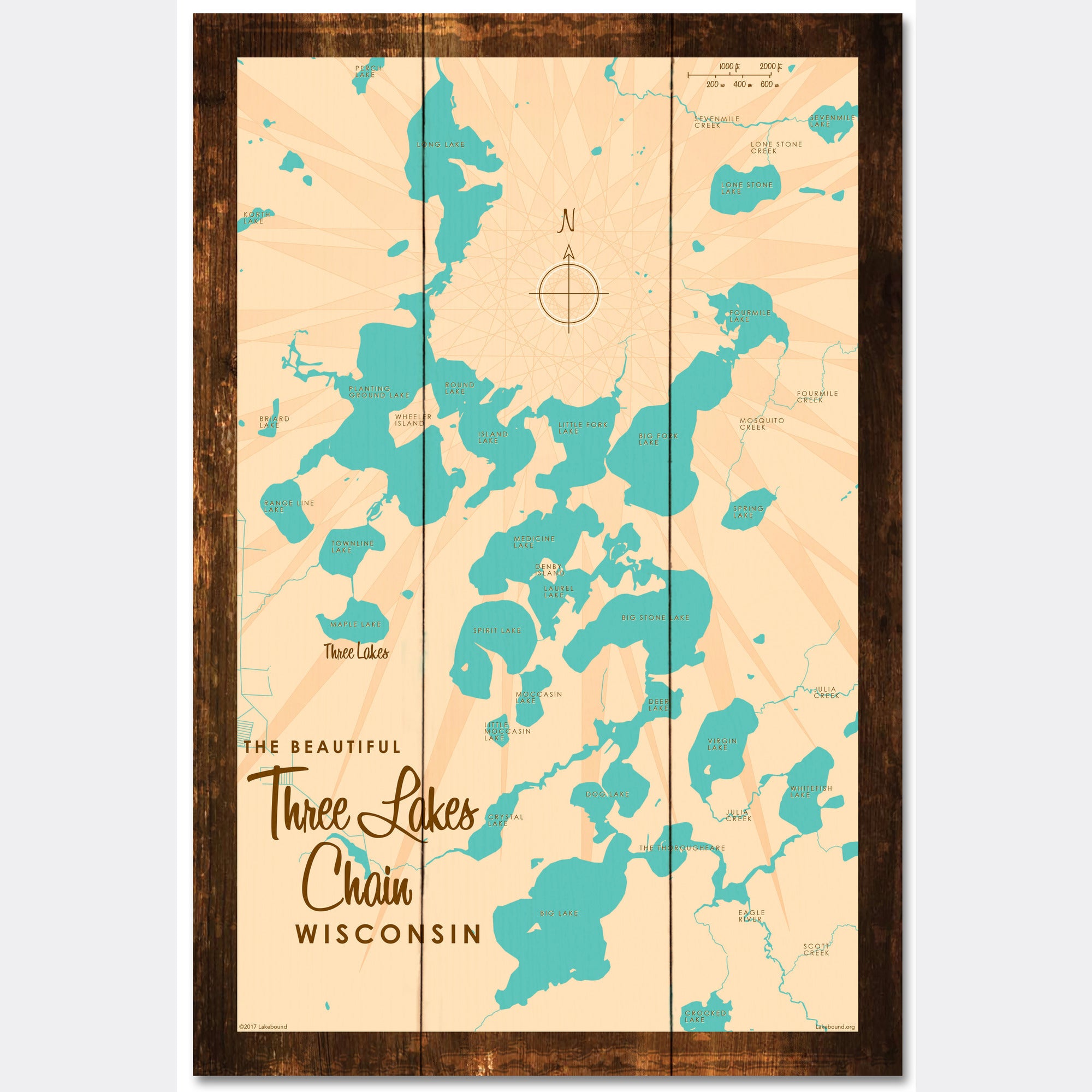 Three Lakes Chain Wisconsin, Rustic Wood Sign Map Art