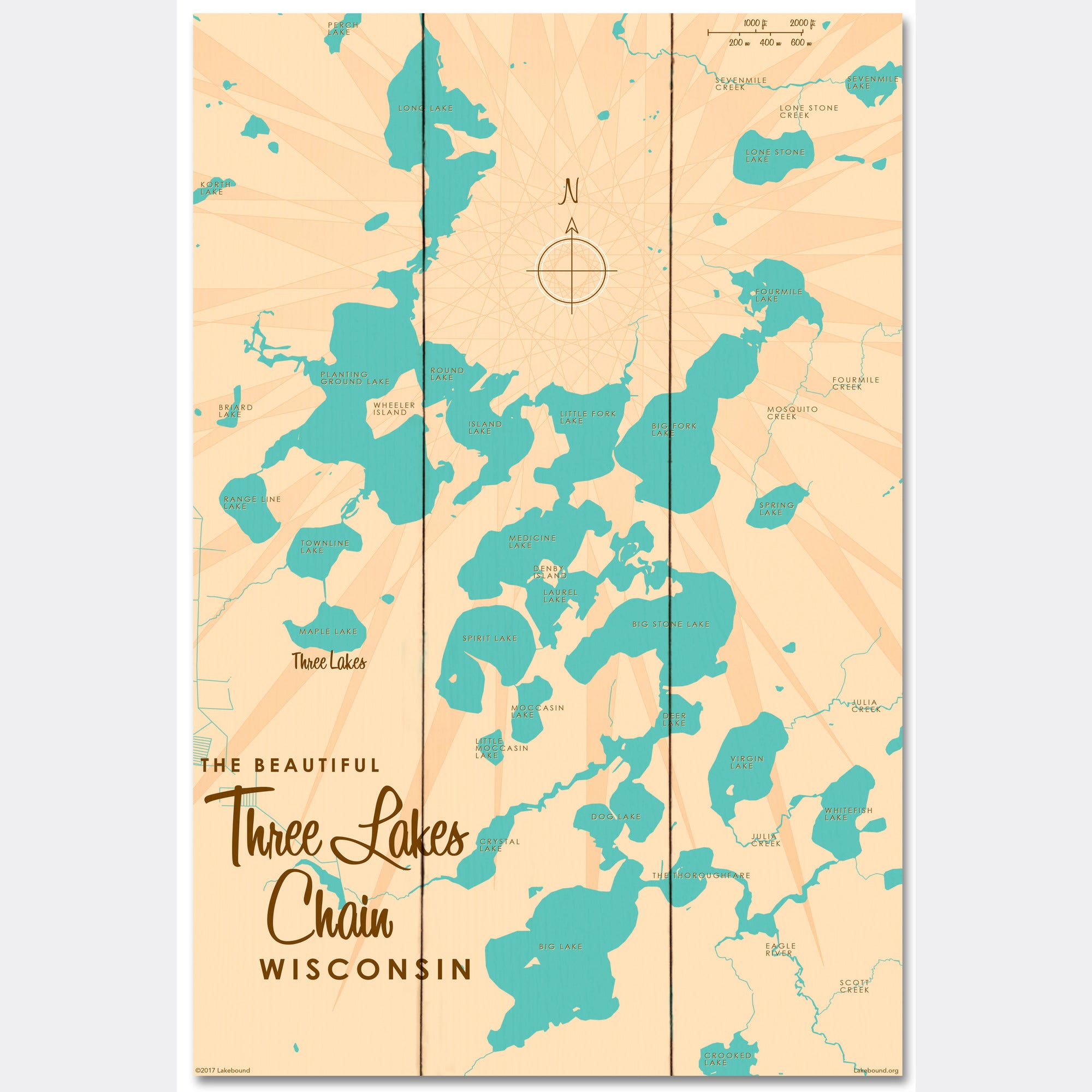 Three Lakes Chain Wisconsin, Wood Sign Map Art