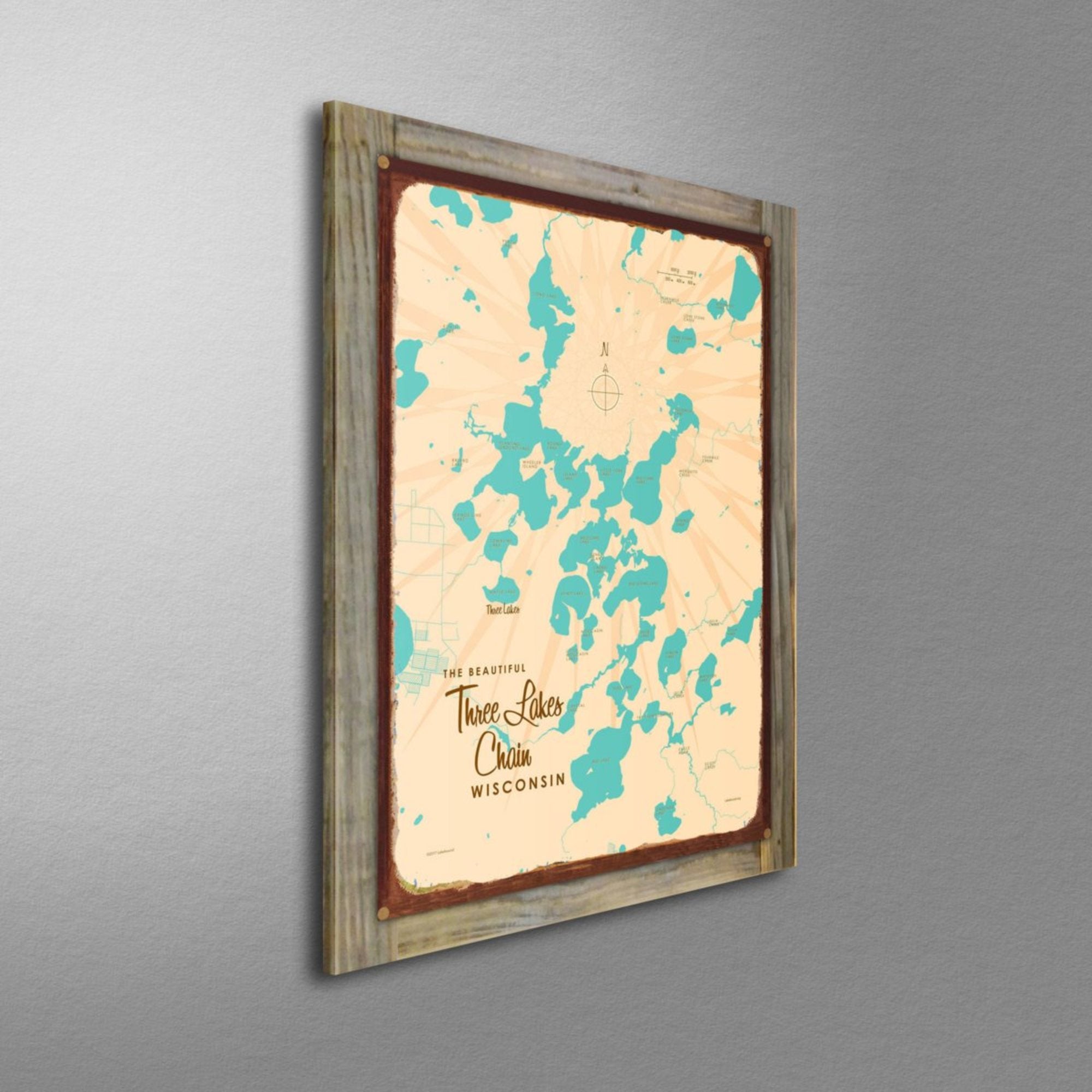 Three Lakes Chain Wisconsin, Wood-Mounted Rustic Metal Sign Map Art