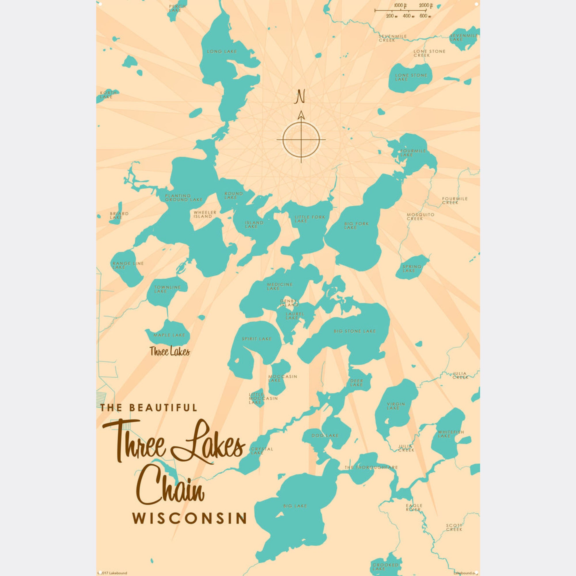 Three Lakes Chain Wisconsin, Metal Sign Map Art