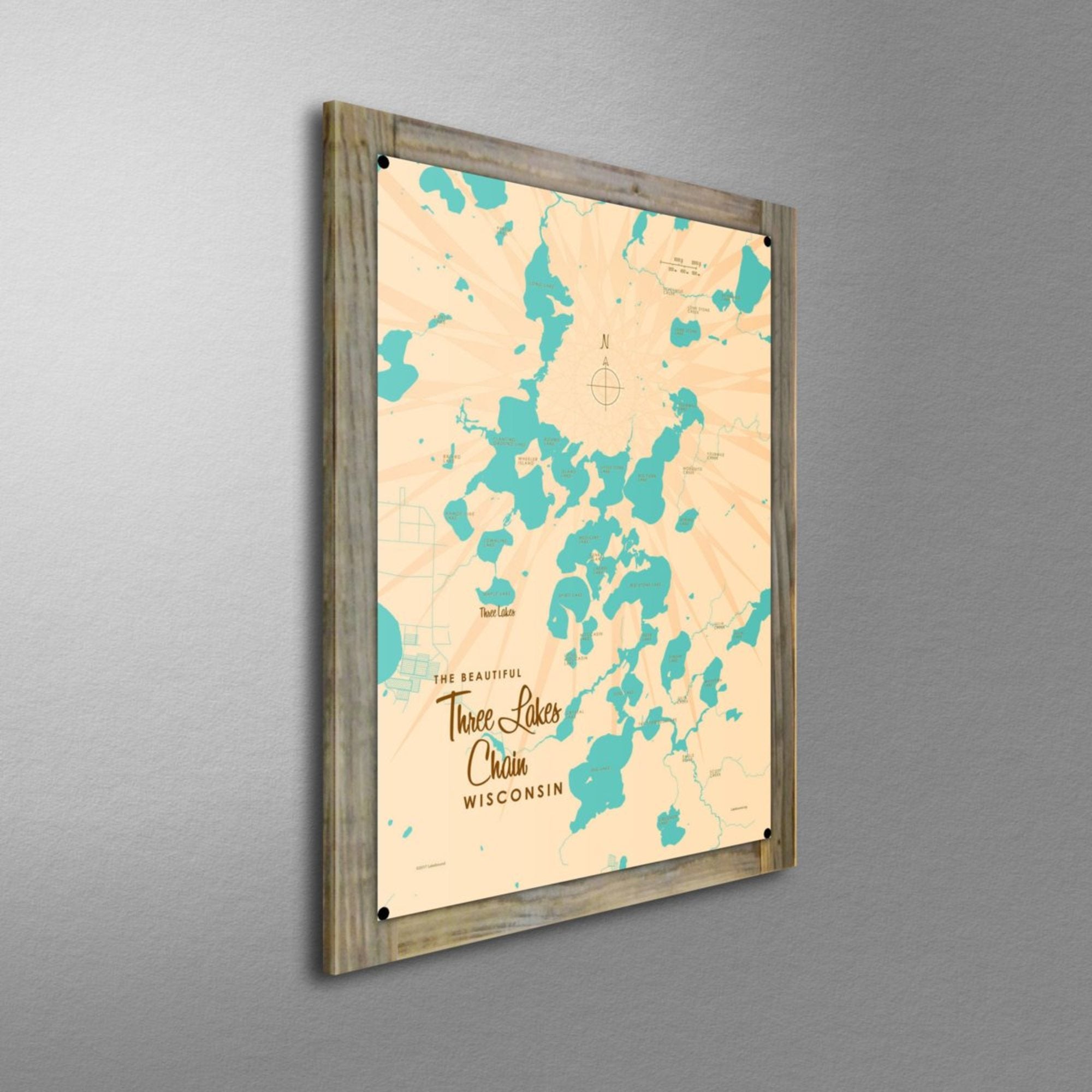 Three Lakes Chain Wisconsin, Wood-Mounted Metal Sign Map Art