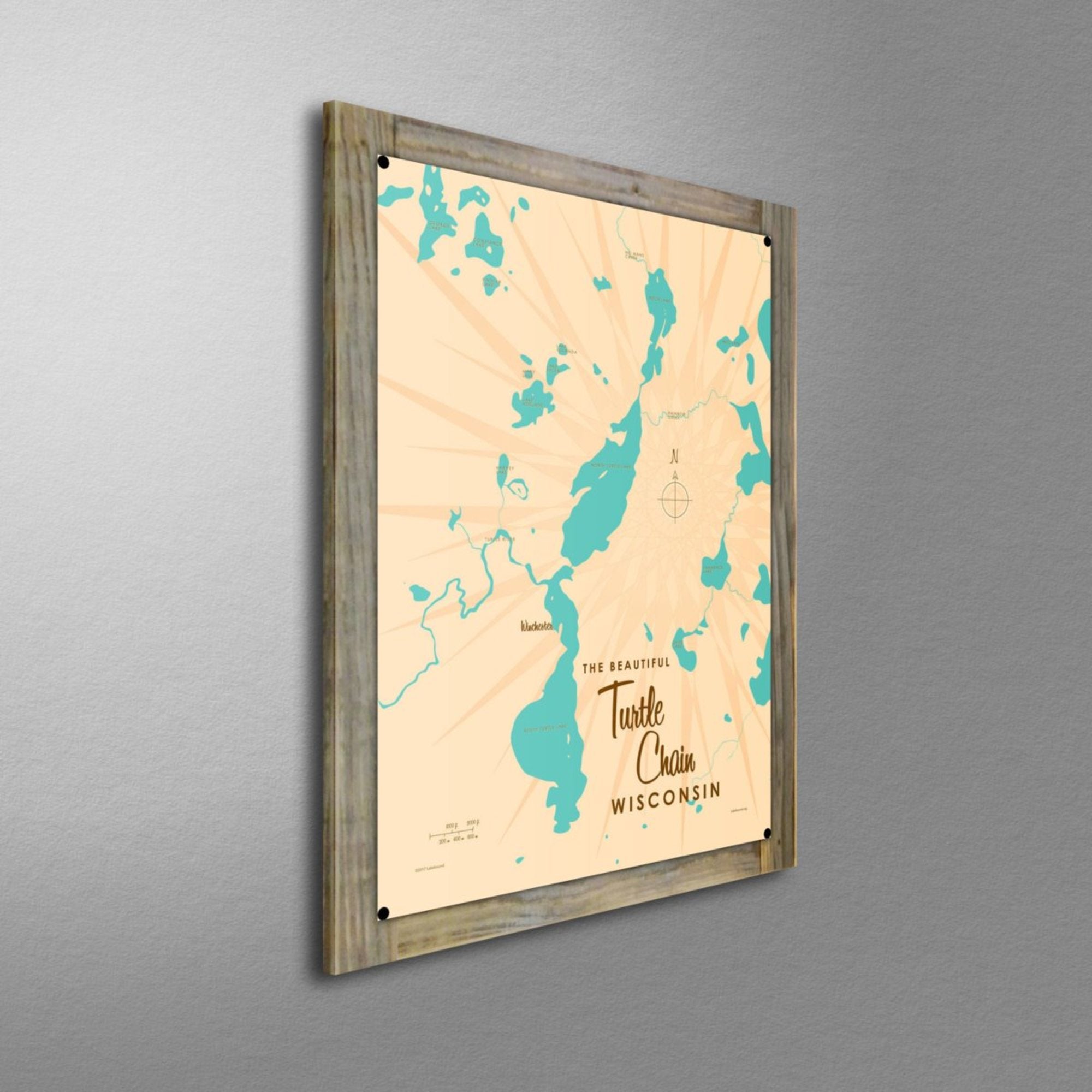 Turtle Chain Wisconsin, Wood-Mounted Metal Sign Map Art