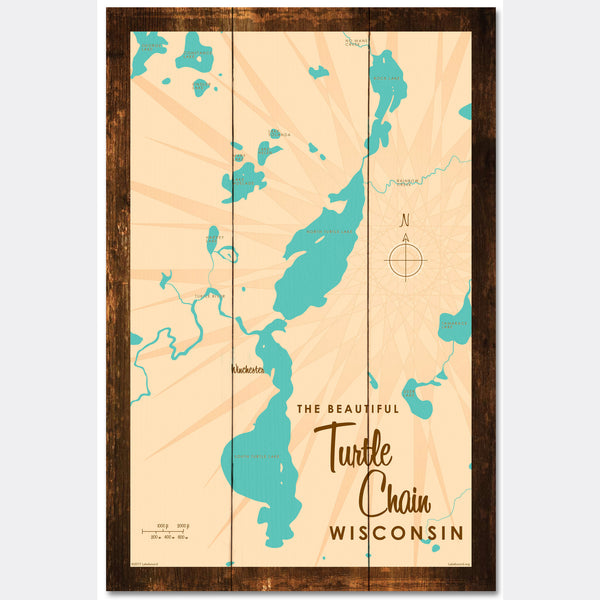 Turtle Chain Wisconsin, Rustic Wood Sign Map Art