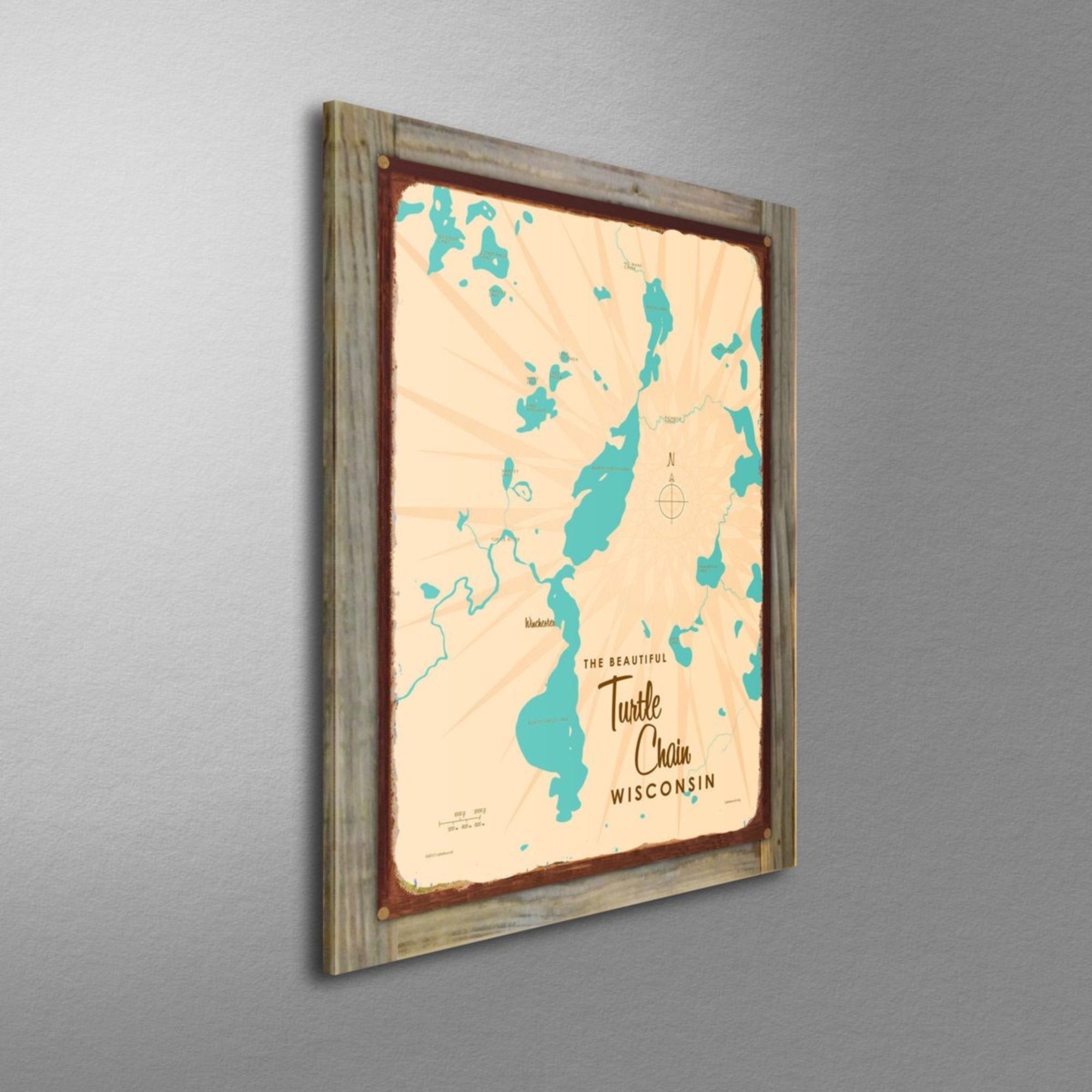 Turtle Chain Wisconsin, Wood-Mounted Rustic Metal Sign Map Art