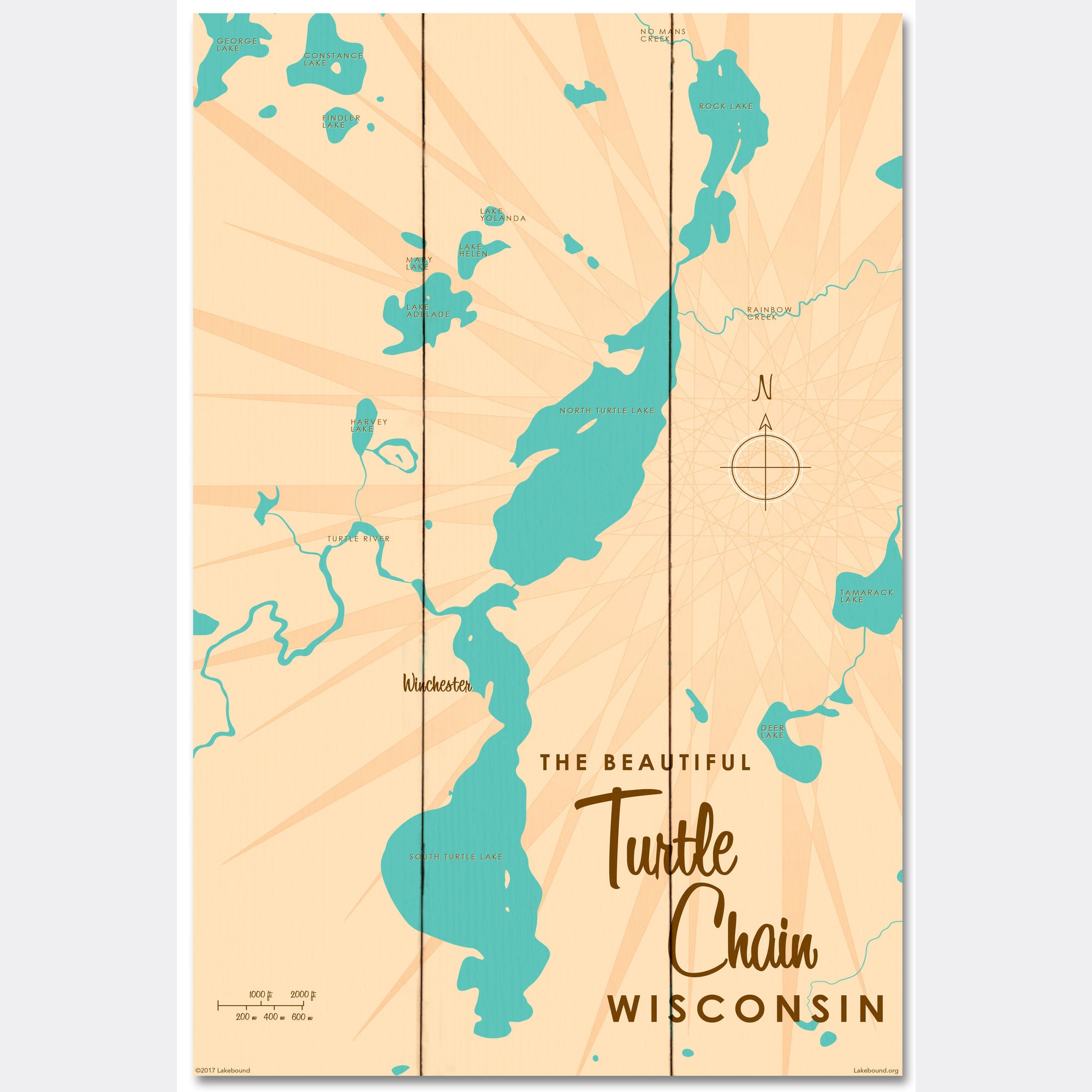Turtle Chain Wisconsin, Wood Sign Map Art