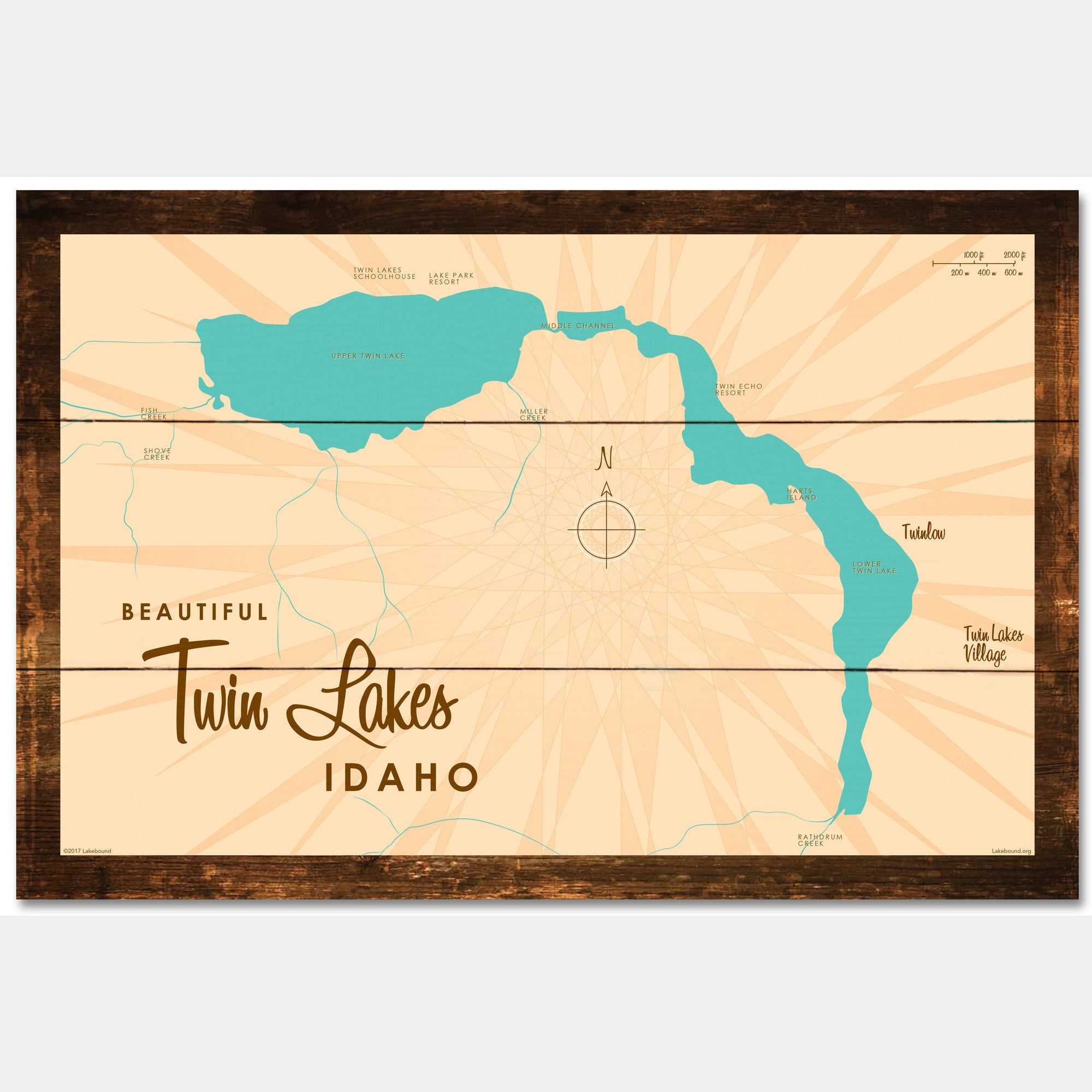 Twin Lakes Idaho, Rustic Wood Sign Map Art