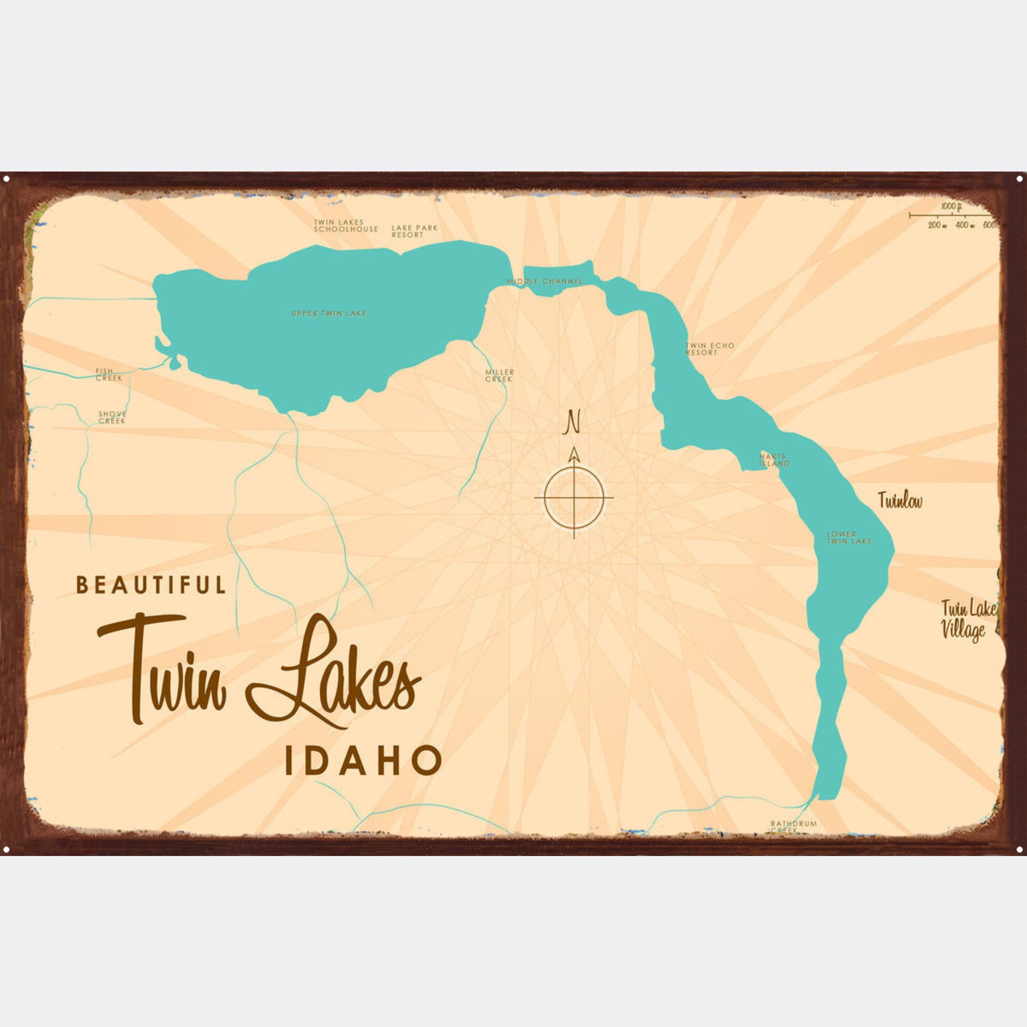 Twin Lakes Idaho, Rustic Metal Sign Map Art