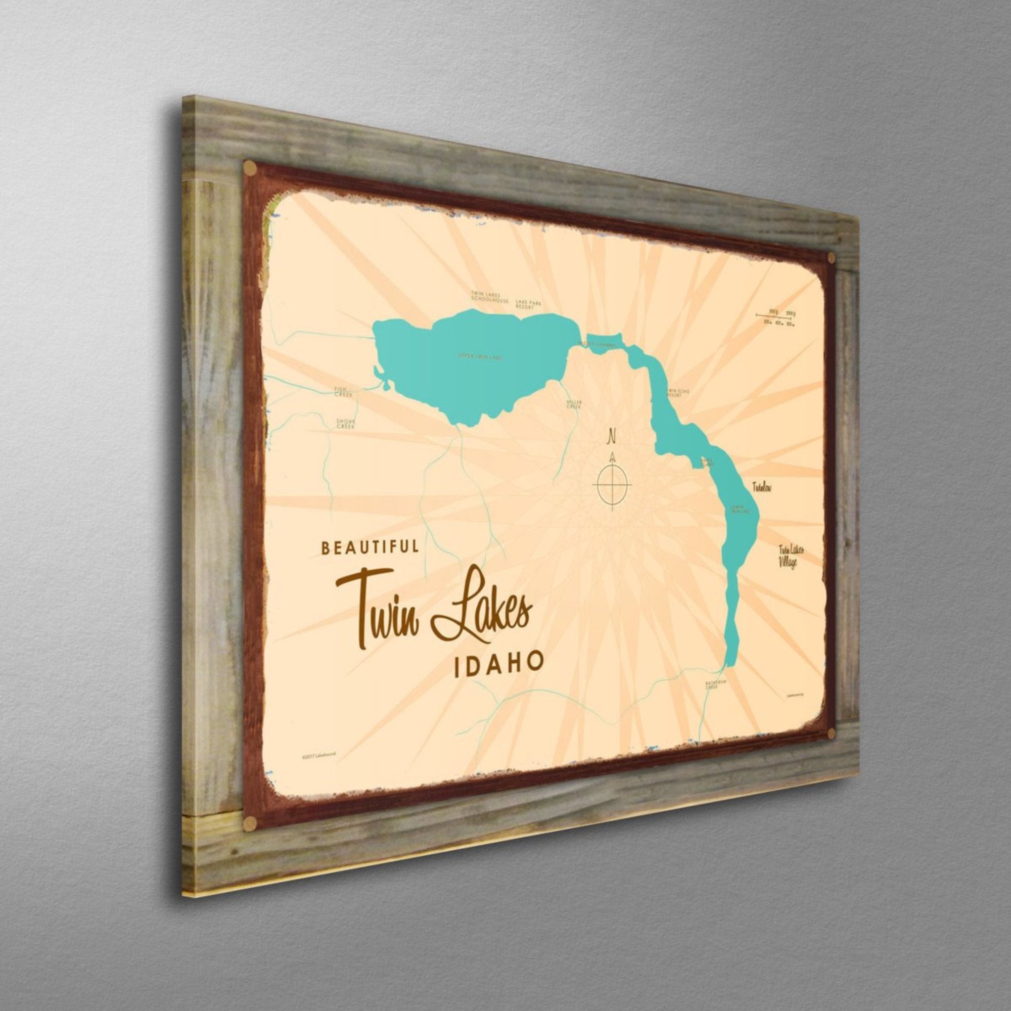 Twin Lakes Idaho, Wood-Mounted Rustic Metal Sign Map Art