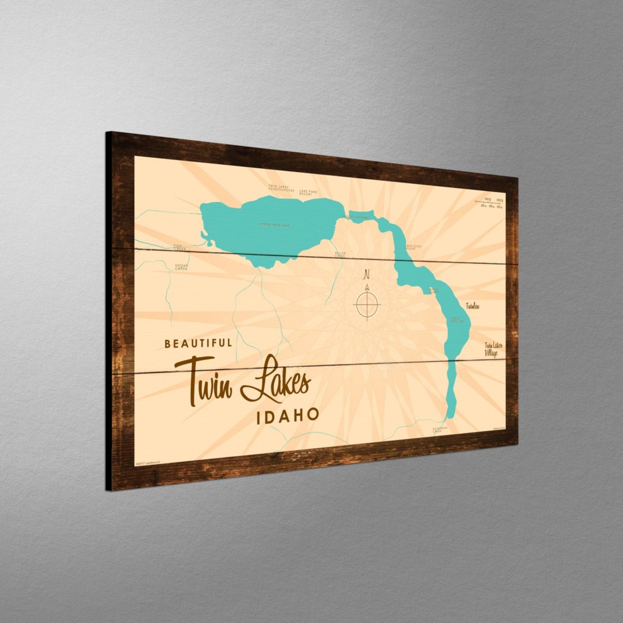 Twin Lakes Idaho, Rustic Wood Sign Map Art