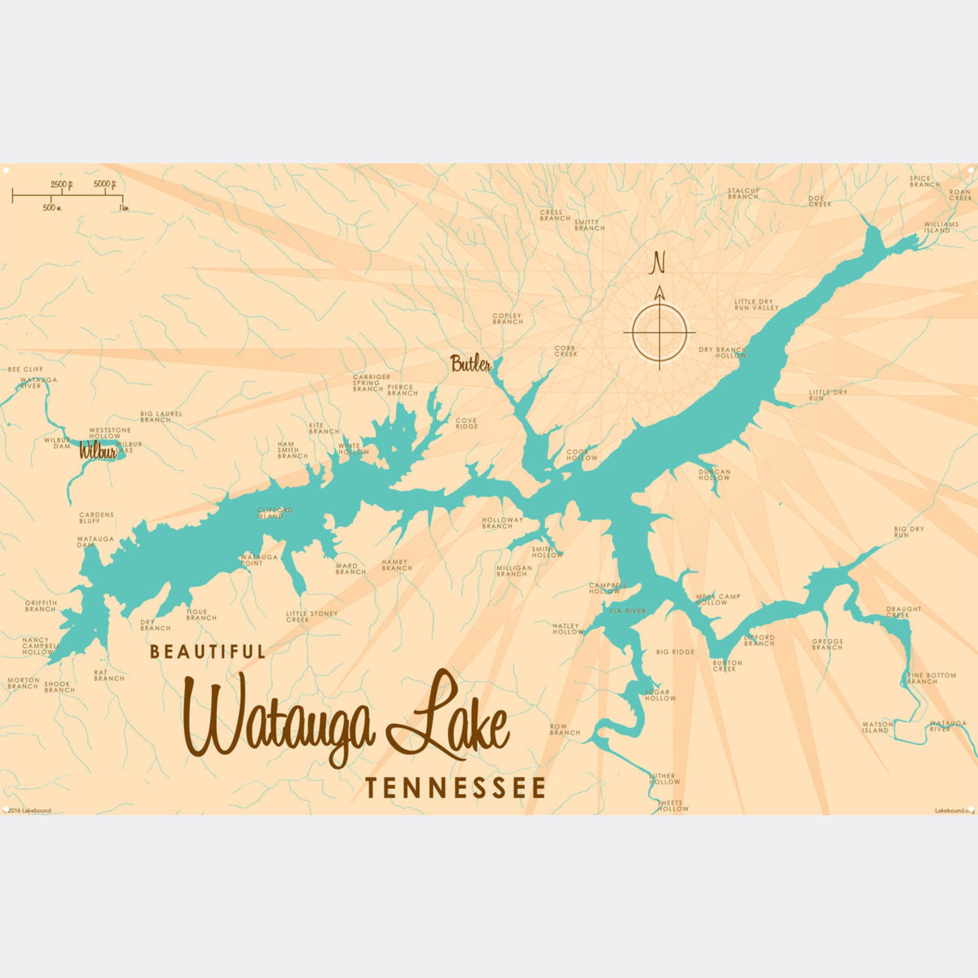 Watauga Lake Tennessee, Metal Sign Map Art
