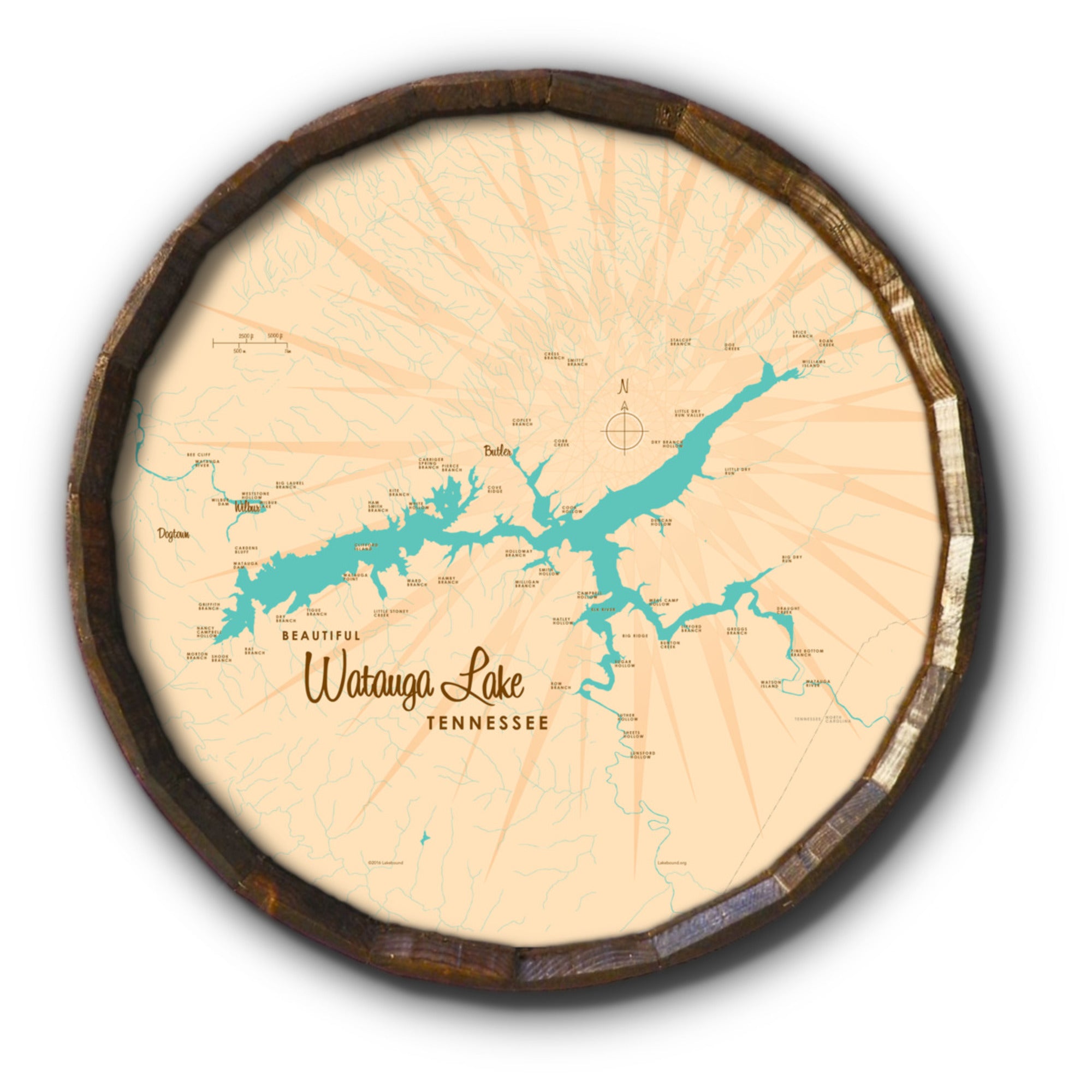 Watauga Lake Tennessee, Barrel End Map Art