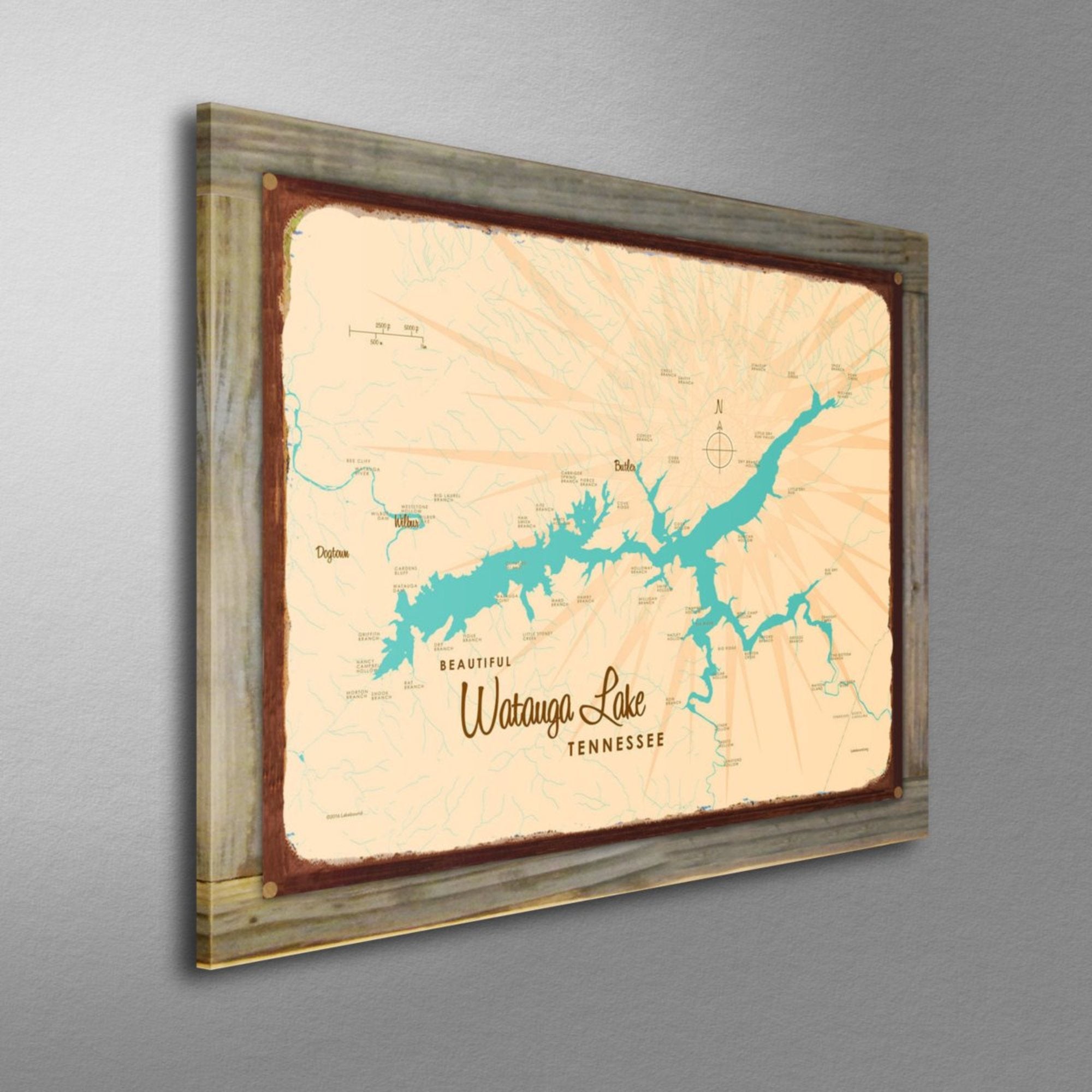 Watauga Lake Tennessee, Wood-Mounted Rustic Metal Sign Map Art