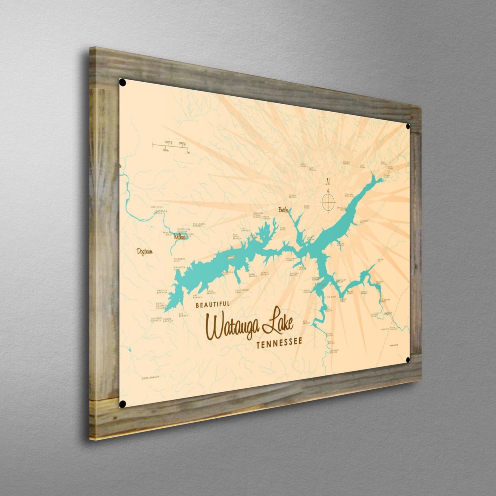 Watauga Lake Tennessee, Wood-Mounted Metal Sign Map Art