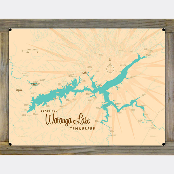Watauga Lake Tennessee, Wood-Mounted Metal Sign Map Art