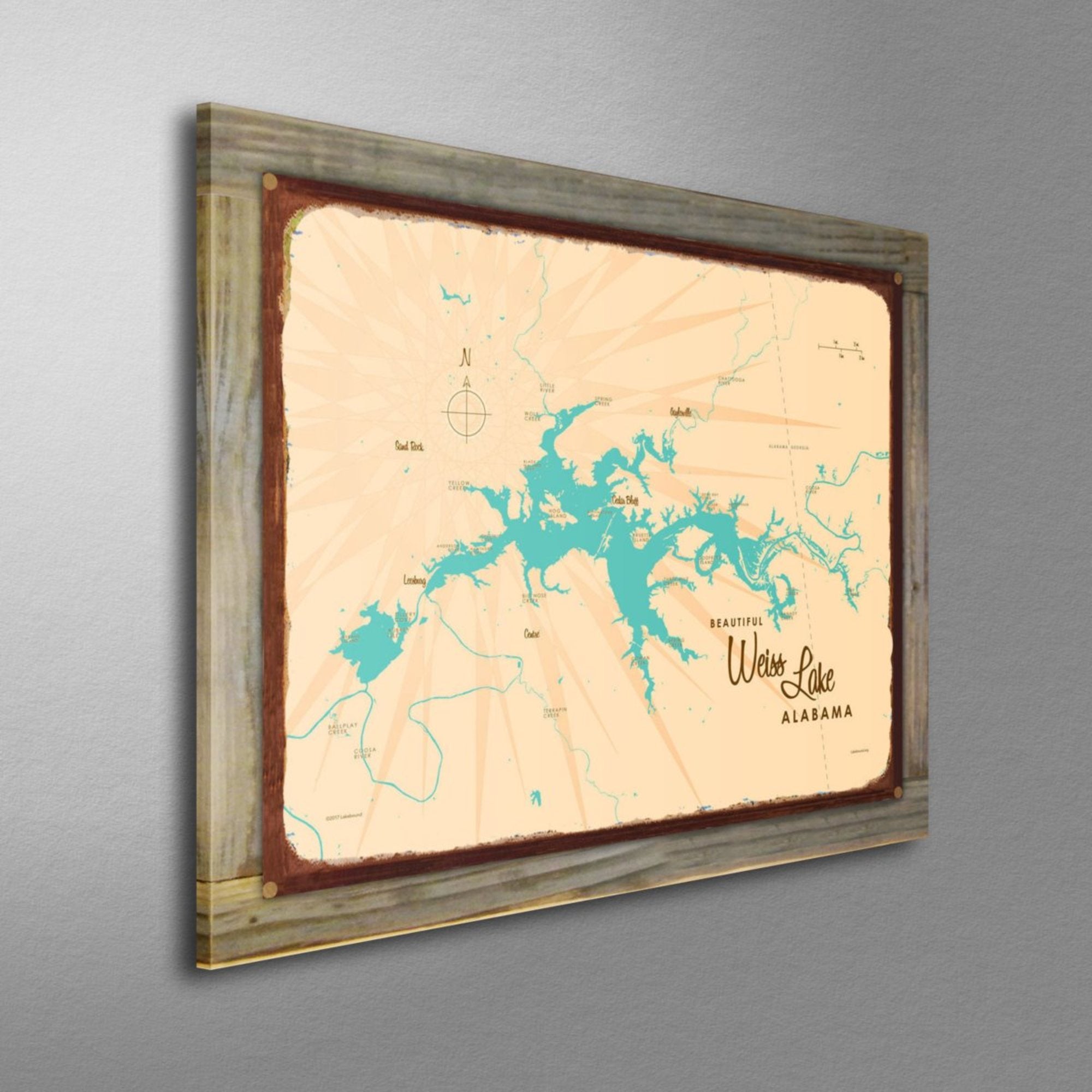 Weiss Lake Alabama, Wood-Mounted Rustic Metal Sign Map Art