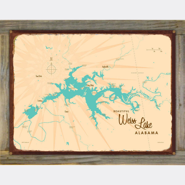 Weiss Lake Alabama, Wood-Mounted Rustic Metal Sign Map Art