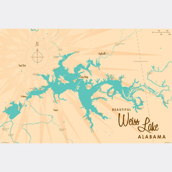 Weiss Lake Alabama, Metal Sign Map Art