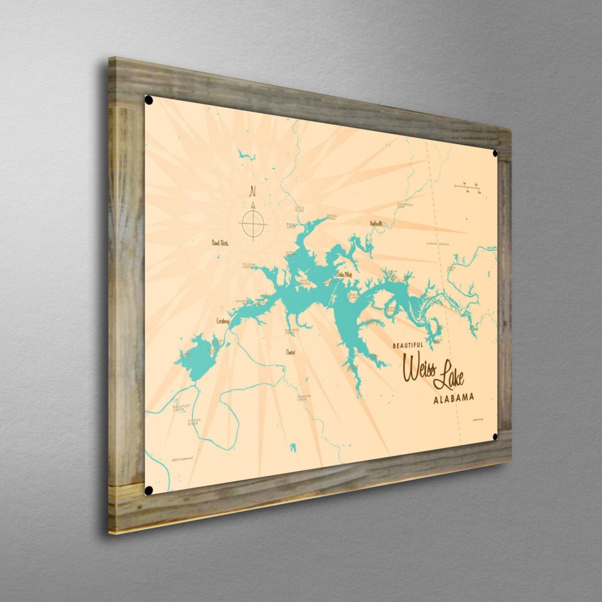 Weiss Lake Alabama, Wood-Mounted Metal Sign Map Art