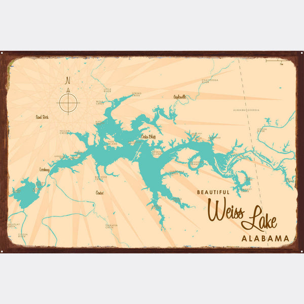 Weiss Lake Alabama, Rustic Metal Sign Map Art