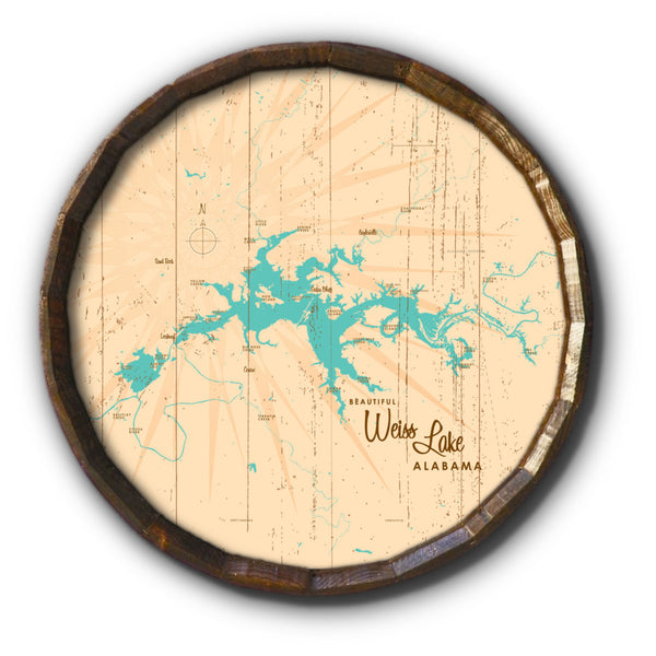 Weiss Lake Alabama, Rustic Barrel End Map Art
