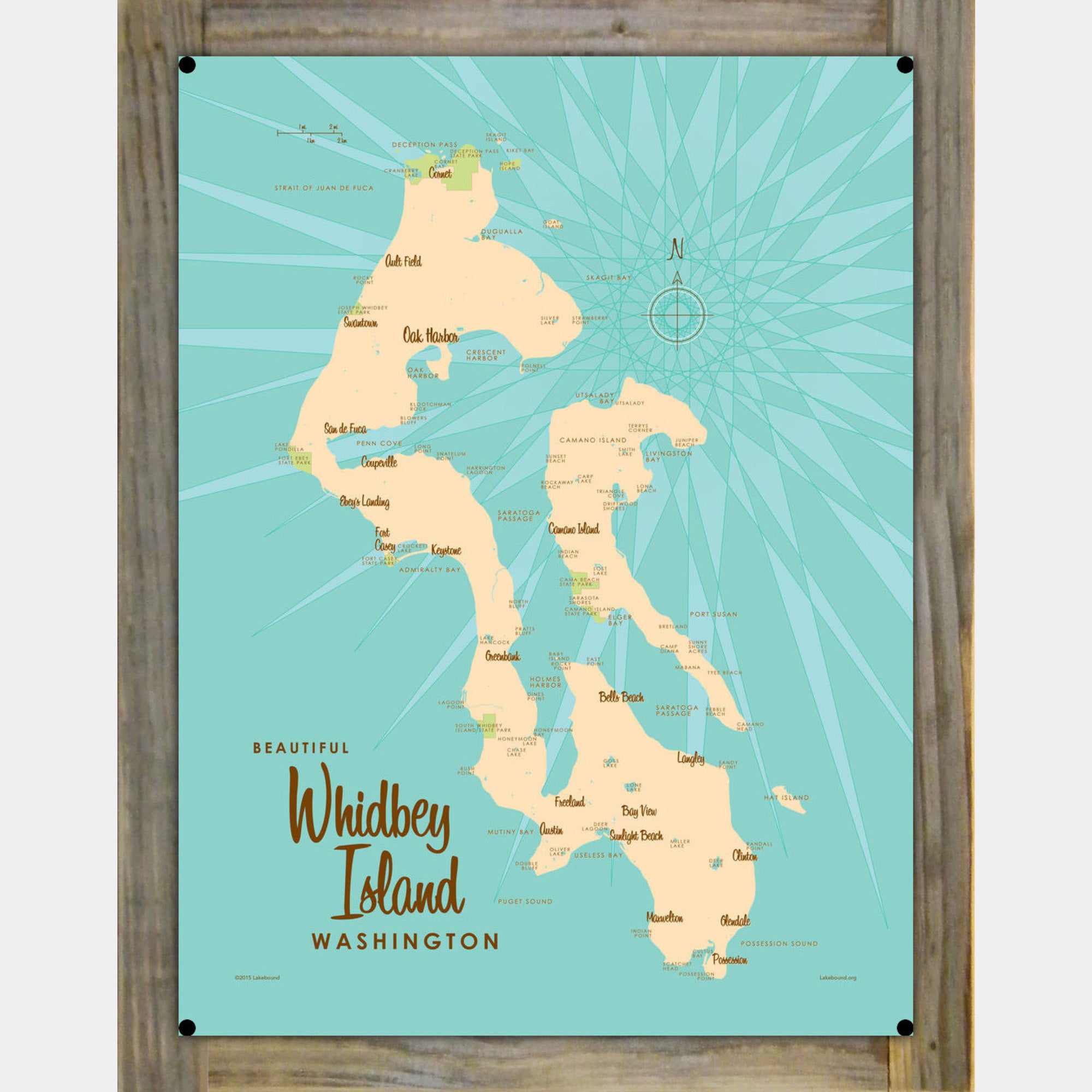 Whidbey Island Washington, Wood-Mounted Metal Sign Map Art