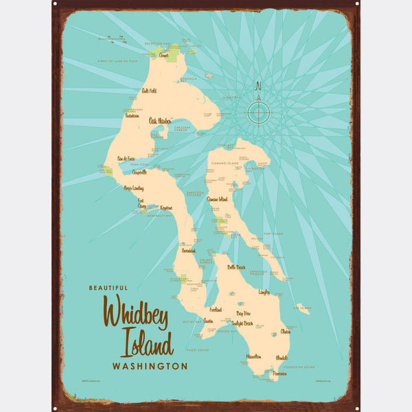 Whidbey Island Washington, Rustic Metal Sign Map Art