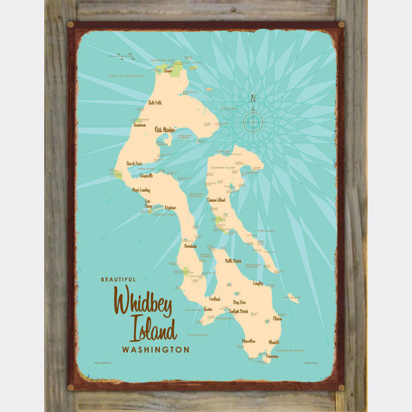 Whidbey Island Washington, Wood-Mounted Rustic Metal Sign Map Art