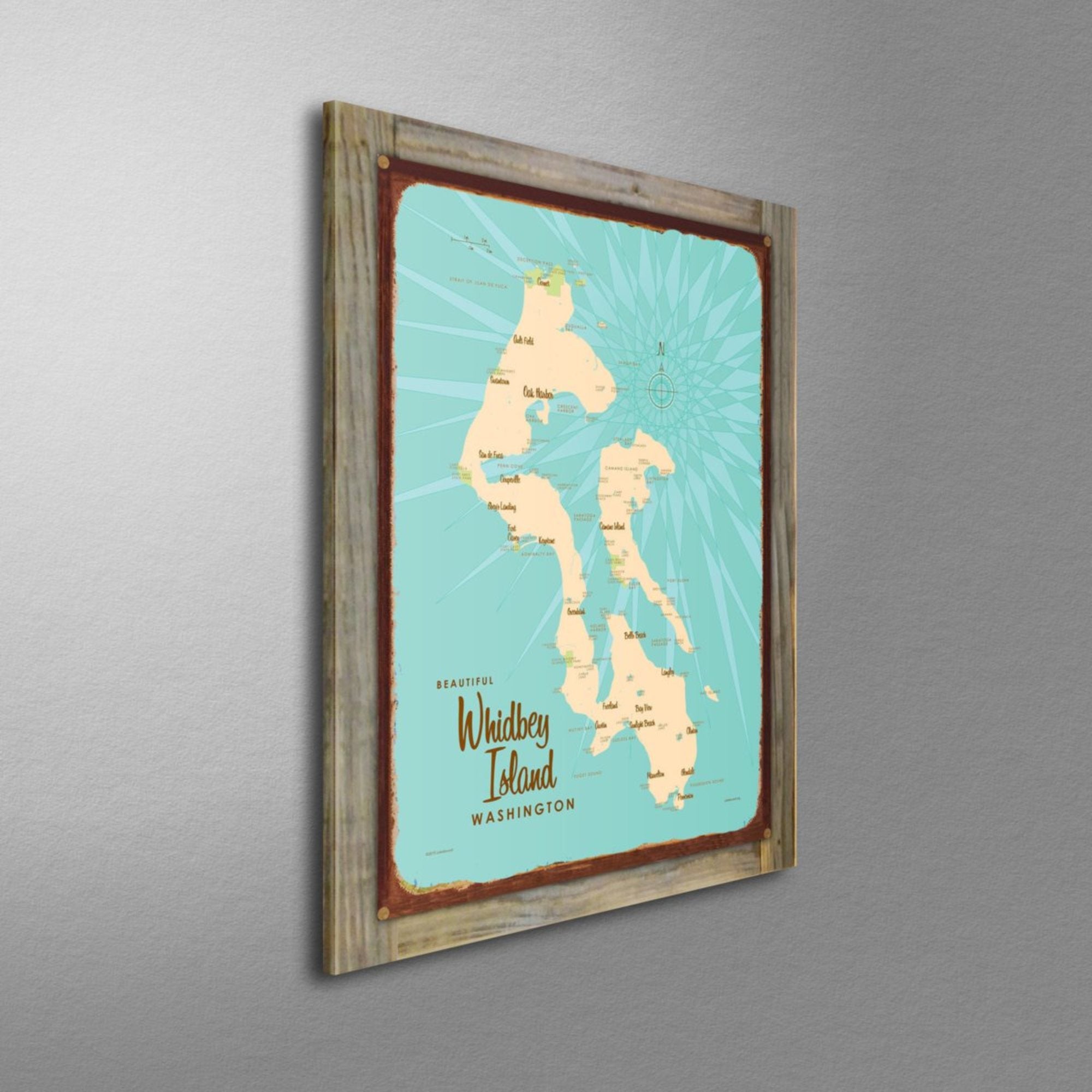 Whidbey Island Washington, Wood-Mounted Rustic Metal Sign Map Art