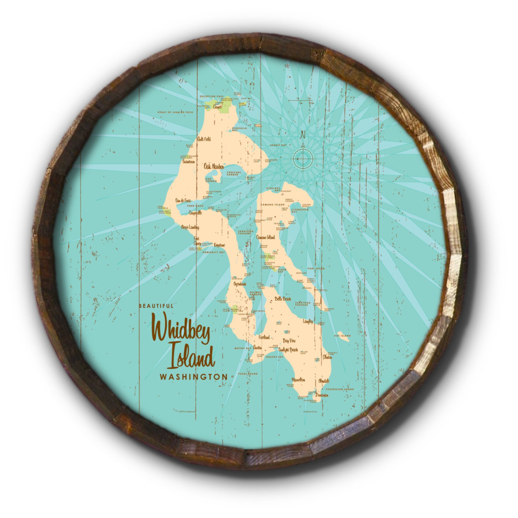 Whidbey Island Washington, Rustic Barrel End Map Art