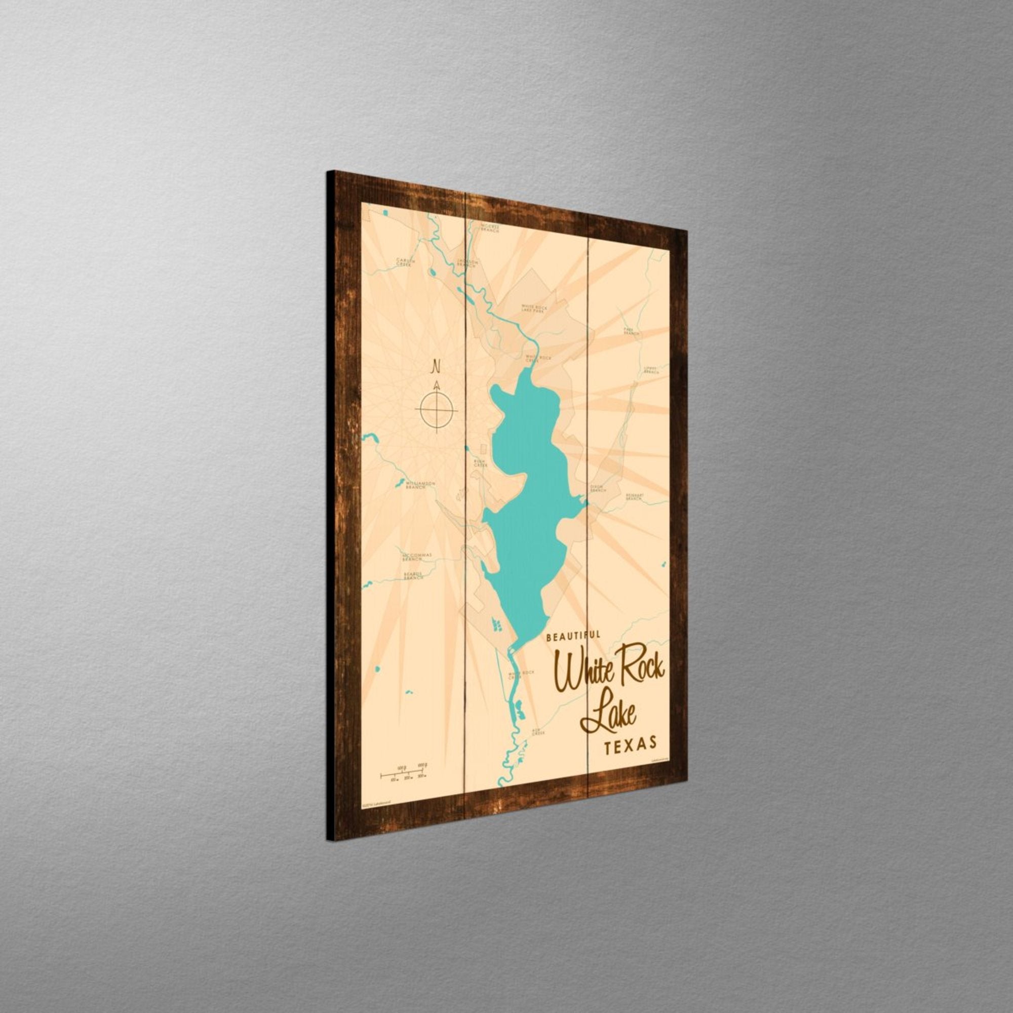 White Rock Lake Texas, Rustic Wood Sign Map Art