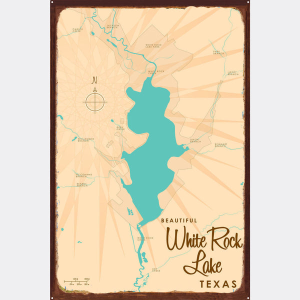 White Rock Lake Texas, Rustic Metal Sign Map Art