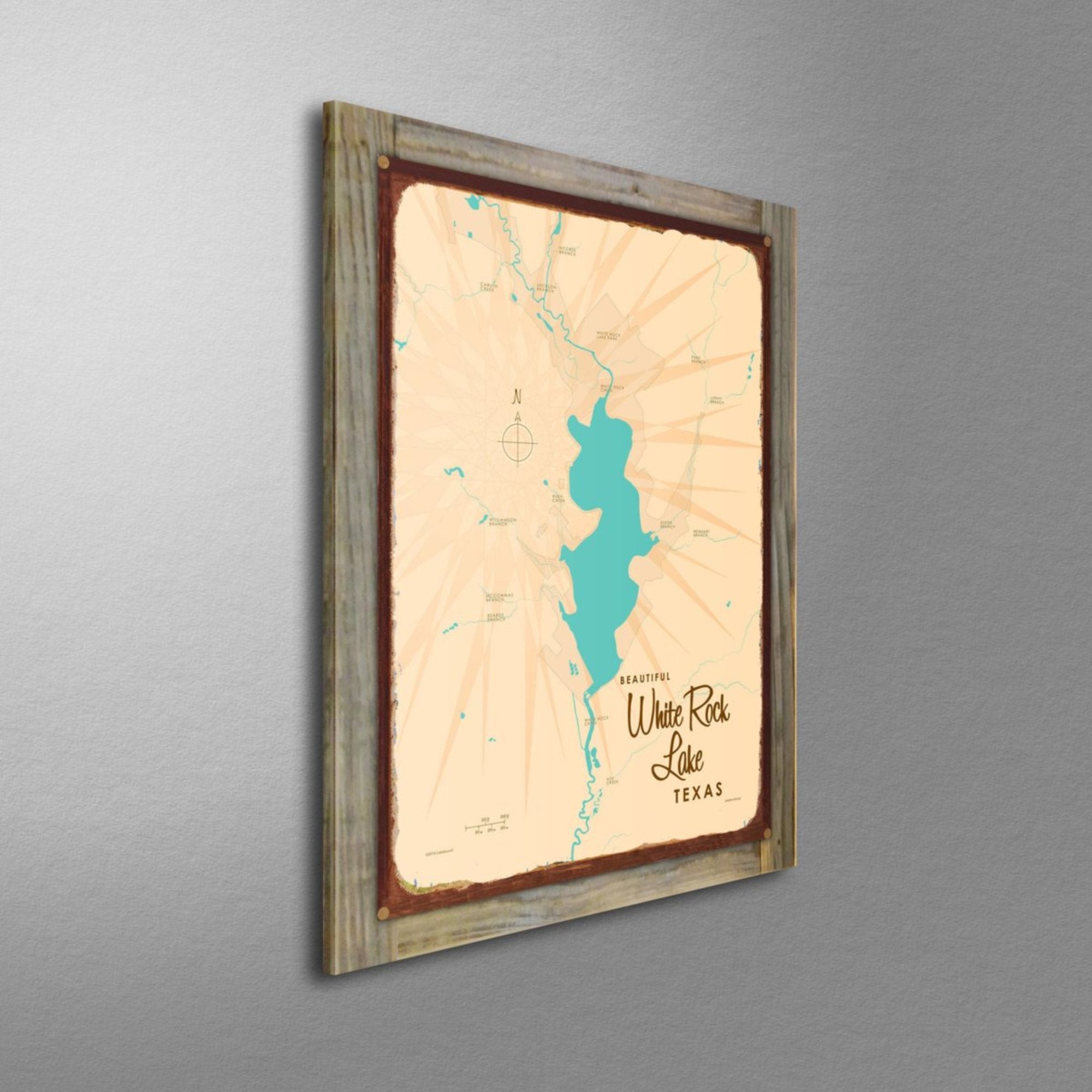 White Rock Lake Texas, Wood-Mounted Rustic Metal Sign Map Art
