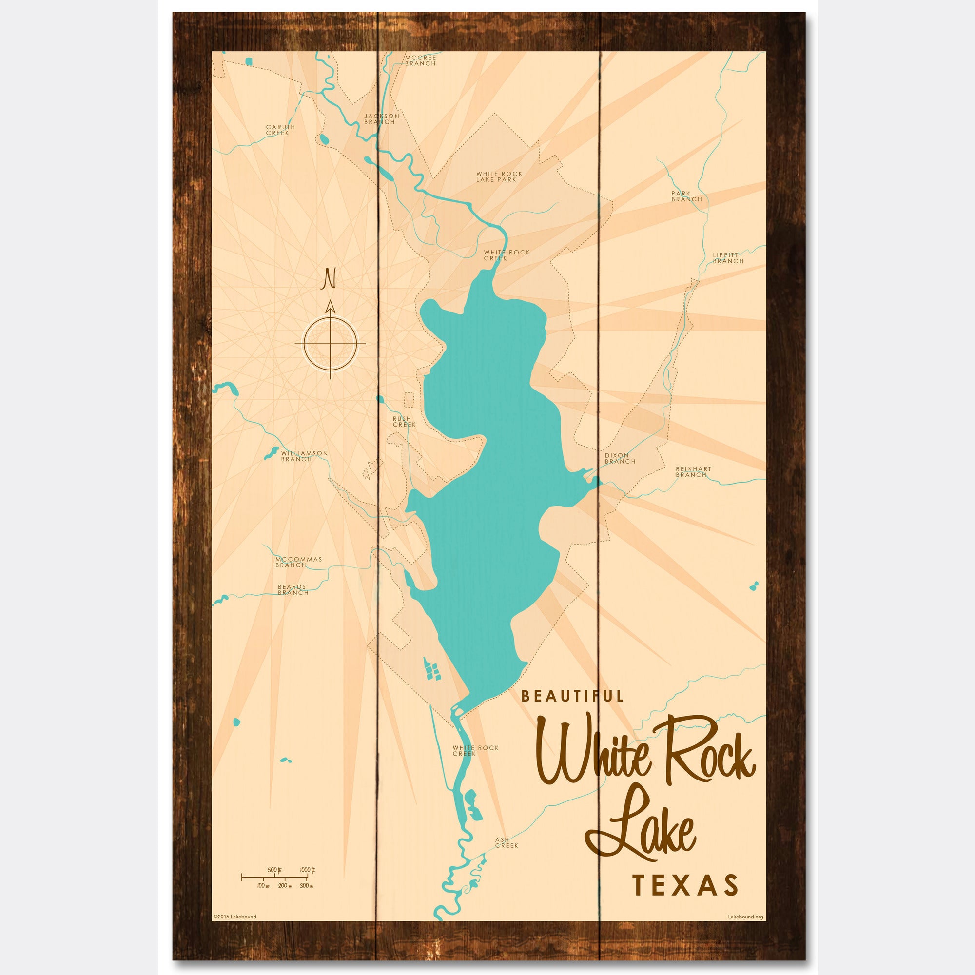 White Rock Lake Texas, Rustic Wood Sign Map Art