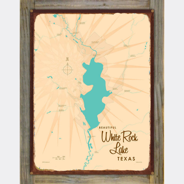 White Rock Lake Texas, Wood-Mounted Rustic Metal Sign Map Art