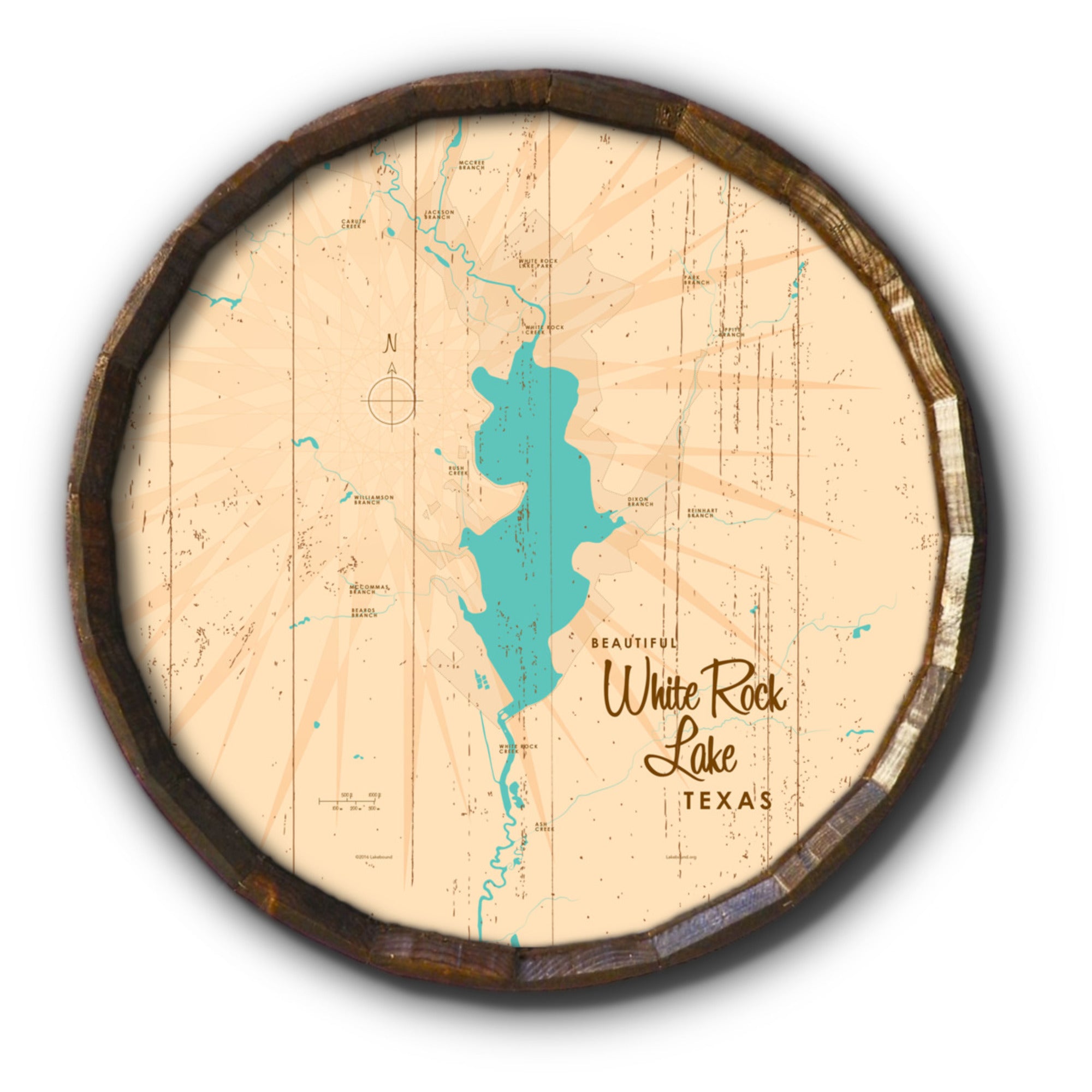White Rock Lake Texas, Rustic Barrel End Map Art
