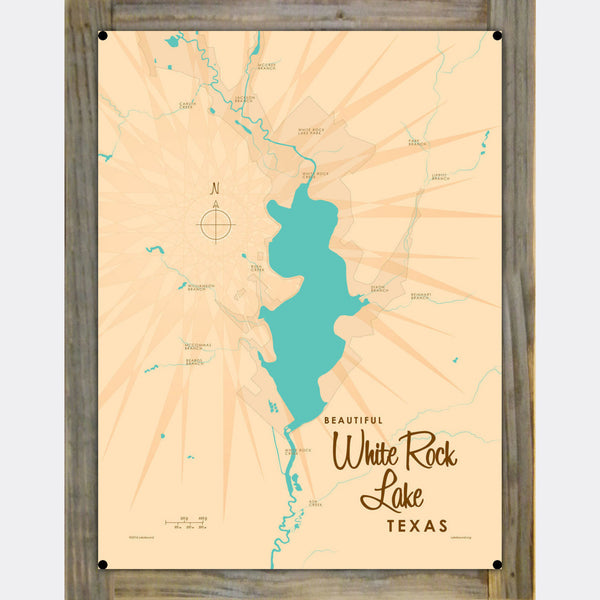 White Rock Lake Texas, Wood-Mounted Metal Sign Map Art