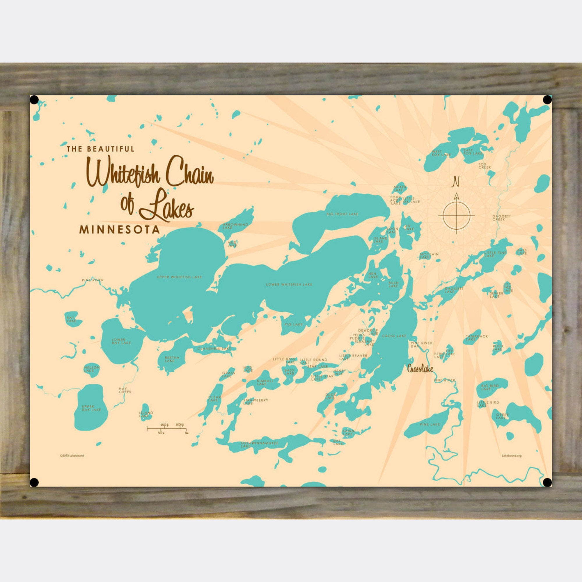 Whitefish Chain of Lakes Minnesota, Wood-Mounted Metal Sign Map Art