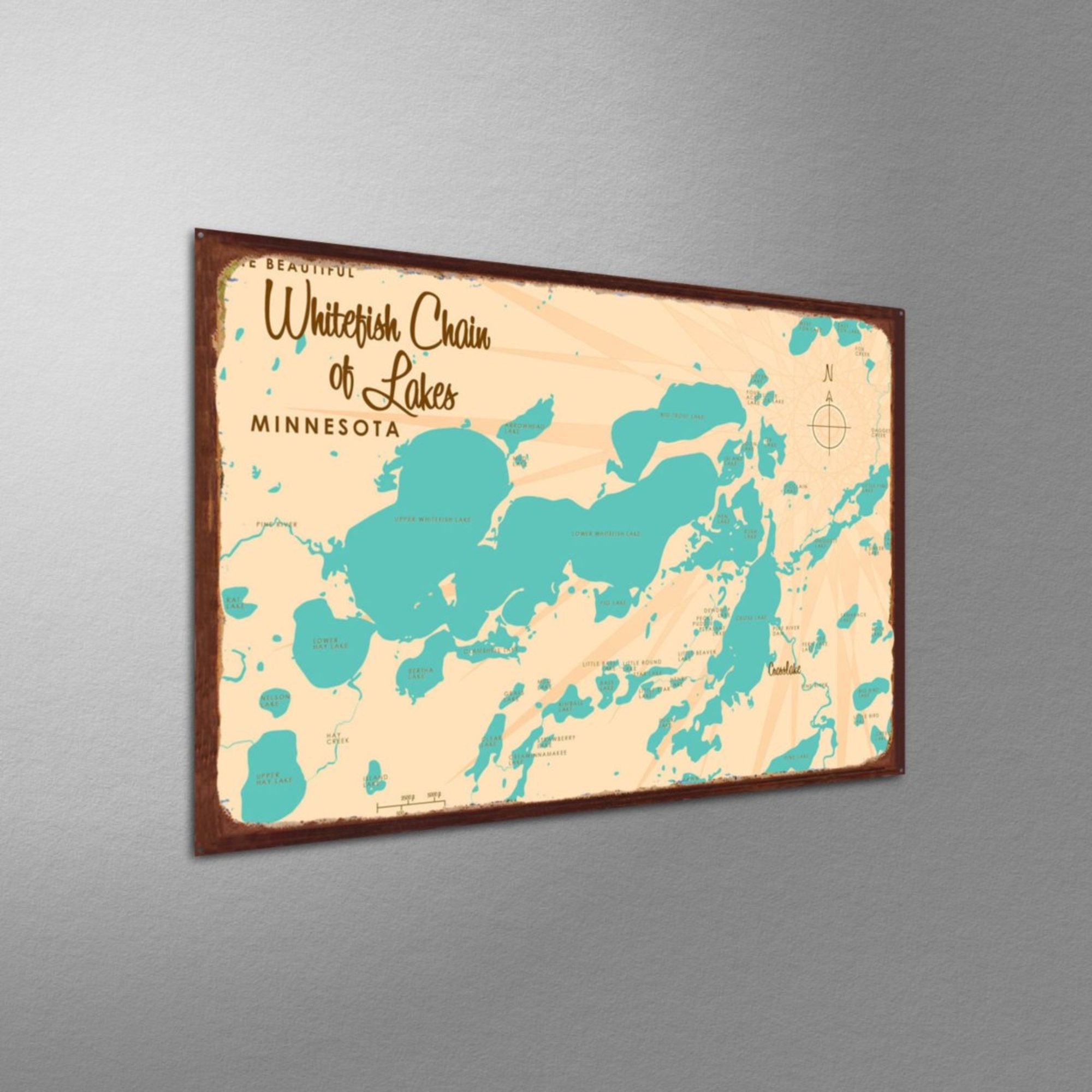 Whitefish Chain of Lakes Minnesota, Rustic Metal Sign Map Art
