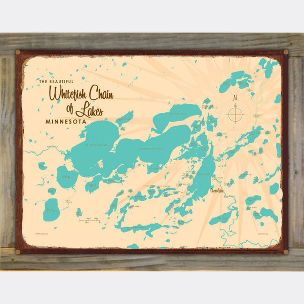 Whitefish Chain of Lakes Minnesota, Wood-Mounted Rustic Metal Sign Map Art
