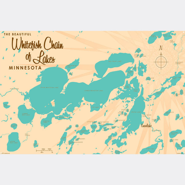 Whitefish Chain of Lakes Minnesota, Metal Sign Map Art