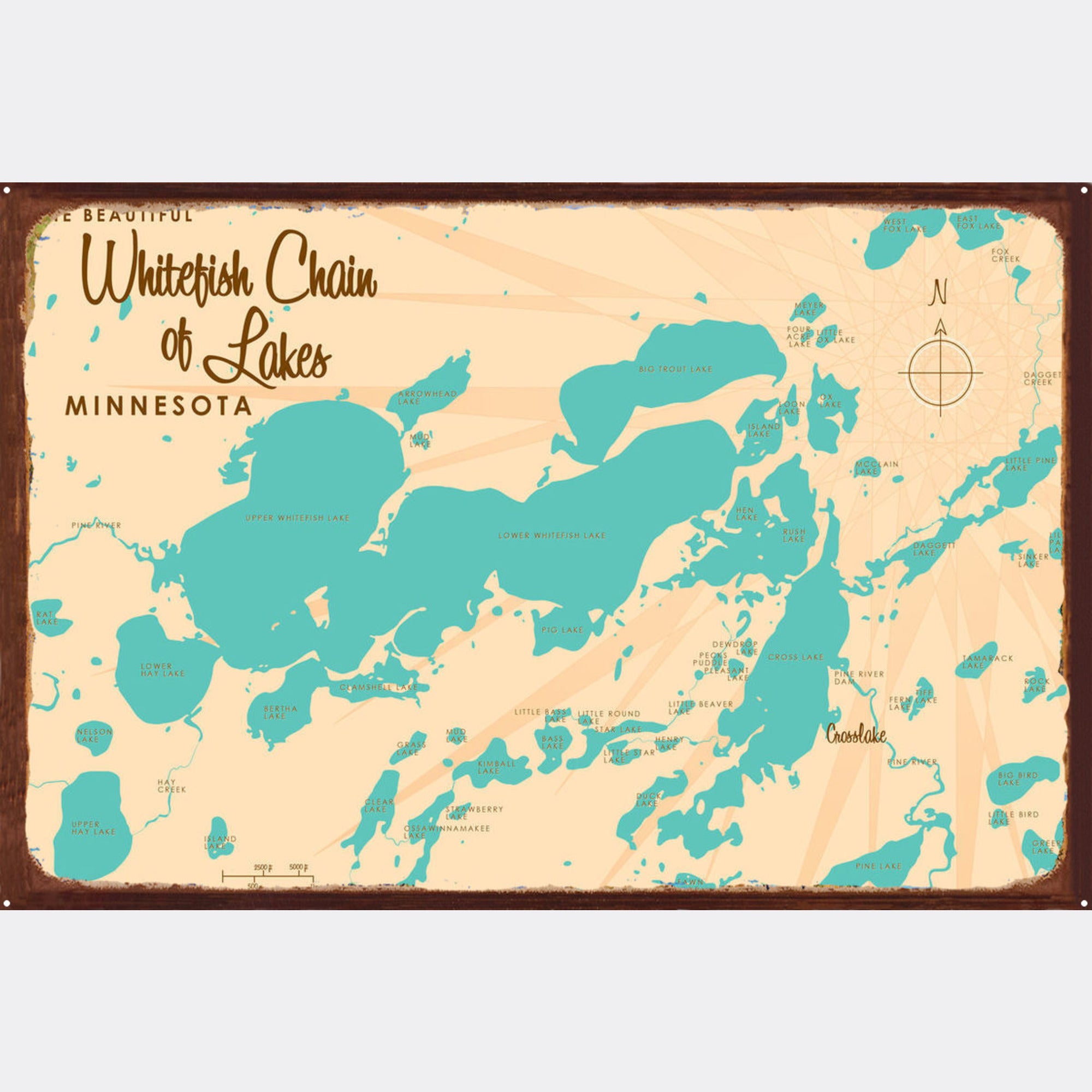 Whitefish Chain of Lakes Minnesota, Rustic Metal Sign Map Art