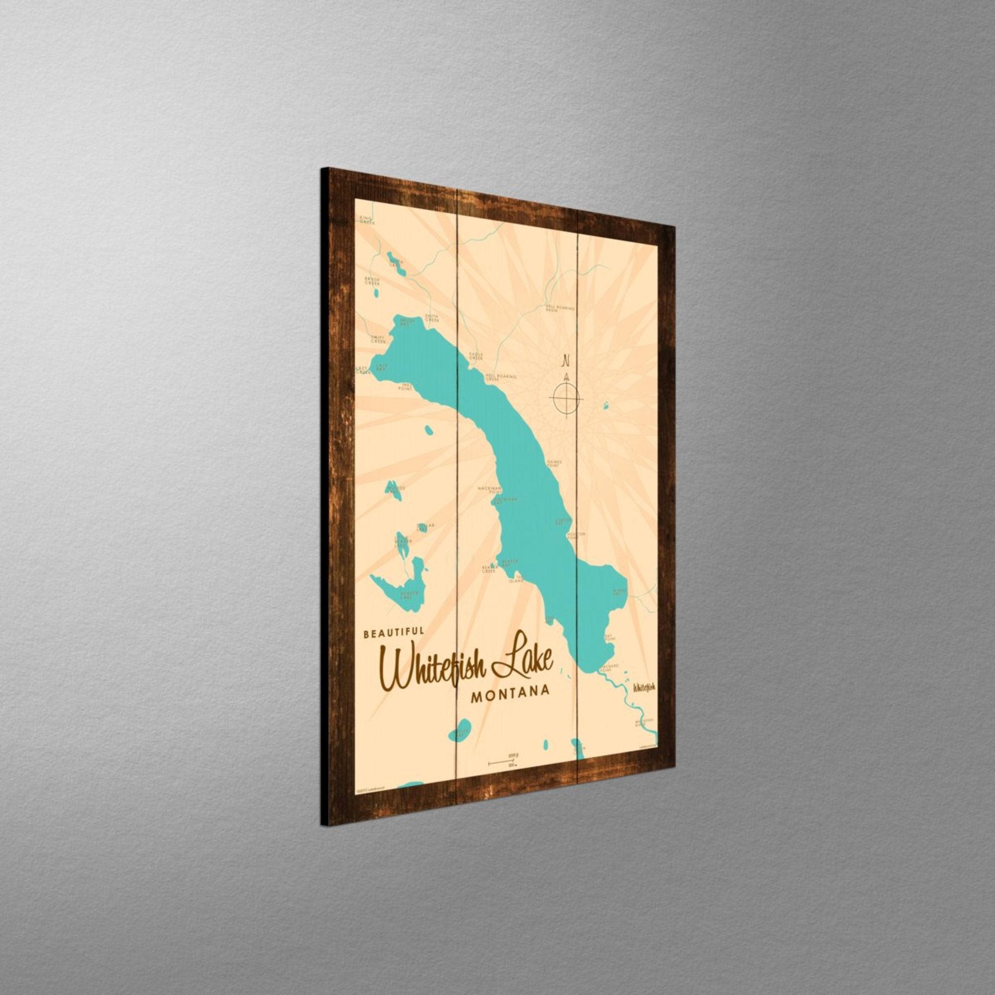 Whitefish Lake Montana, Rustic Wood Sign Map Art